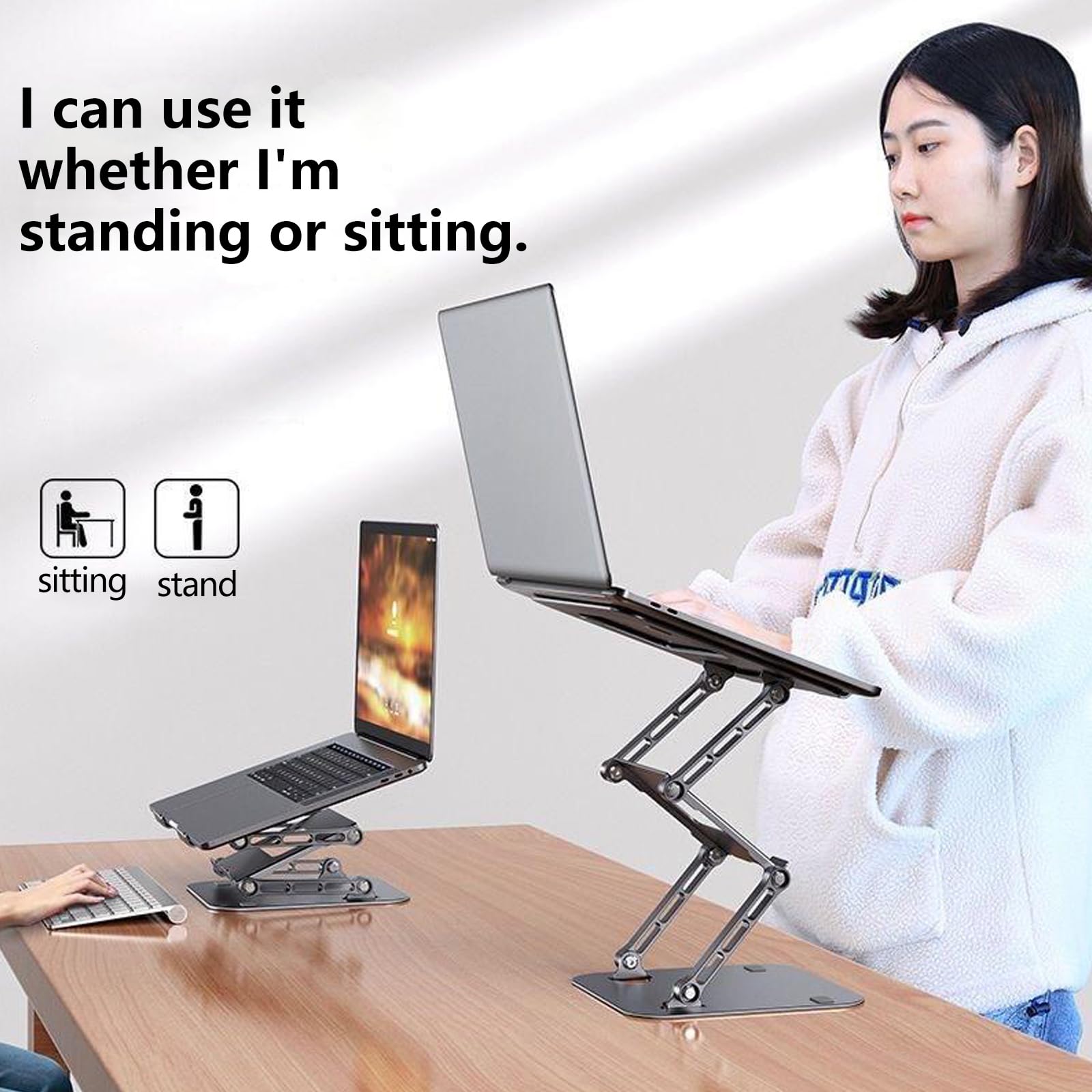 Supporto pieghevole per laptop a 3 strati, regolabile con 4 onde, supporto per notebook da 17,3 pollici, supporto per telefono regolabile in acciaio al carbonio e silicone