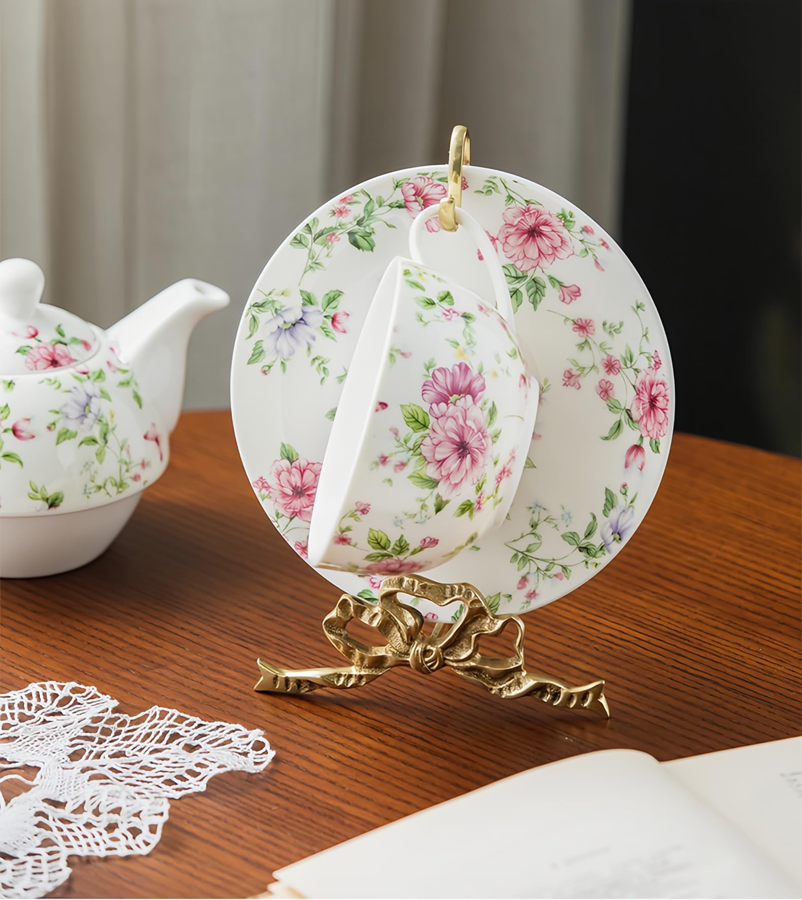 Gold Brass Tea Cup and Saucer Stand, Decorative Floral Cup Holder with Bow Design for Tea Sets, Stylish,Functional Display Stand (Large)