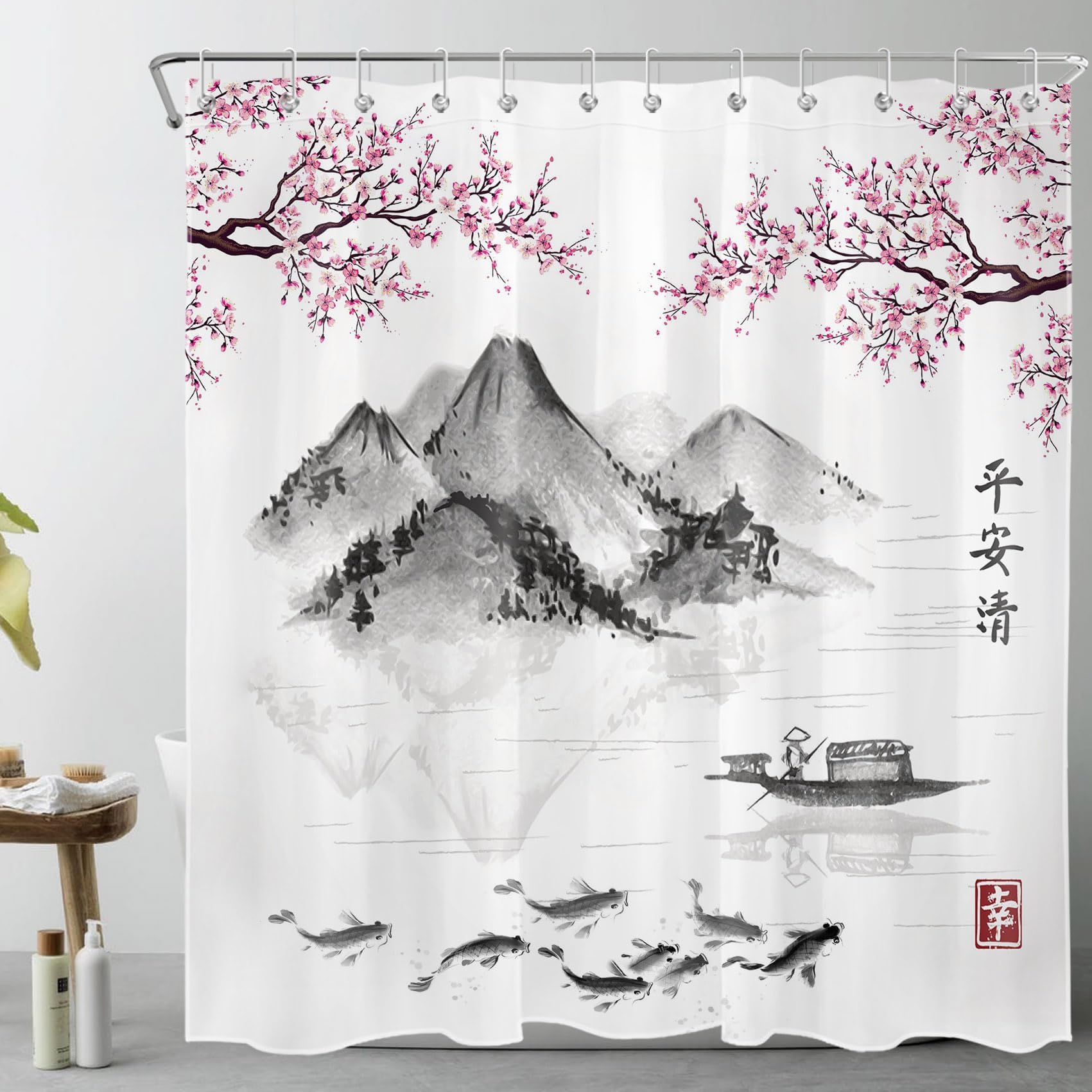 YEGRFJIS Oriental Ink Shower Curtain Waterproof Washable, 150x160cm(WxL) Cherry Blossom Koi Fish Bath Curtain With Hooks, Zen Landscape Decor, Moisture Proof Bathtub Curtain