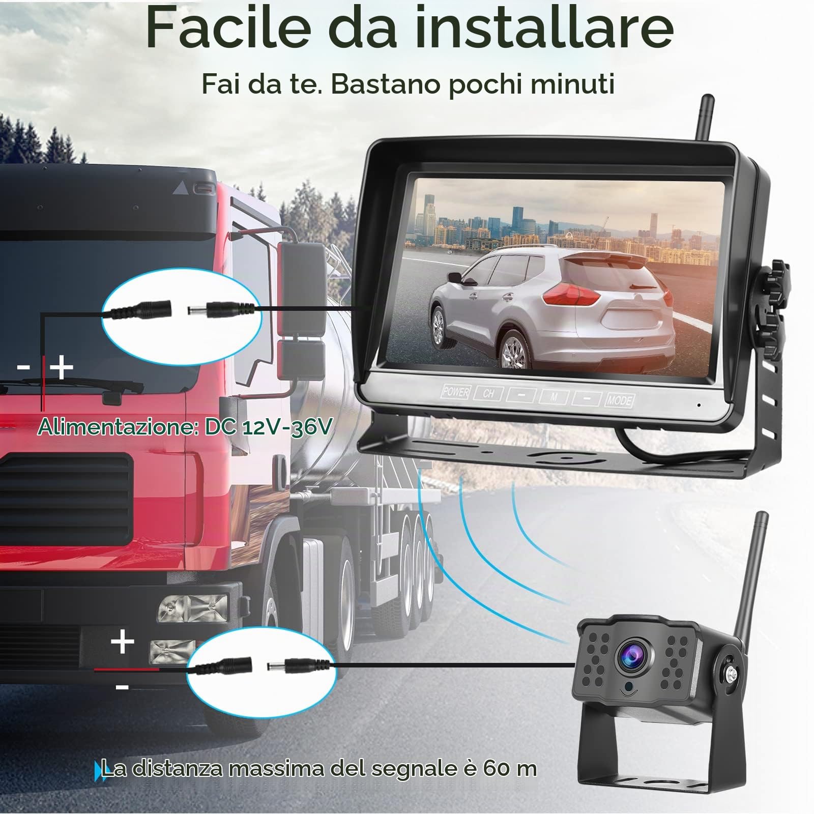 Telecamera Posteriore Wireless, DVR Monitor LCD da 7 pollici, Registrazione Video Telecamera per Retromarcia Sistema- Visione Notturna Impermeabile IP69, 12V-36V per Auto/Rimorchio/Bus/Camion/Camper