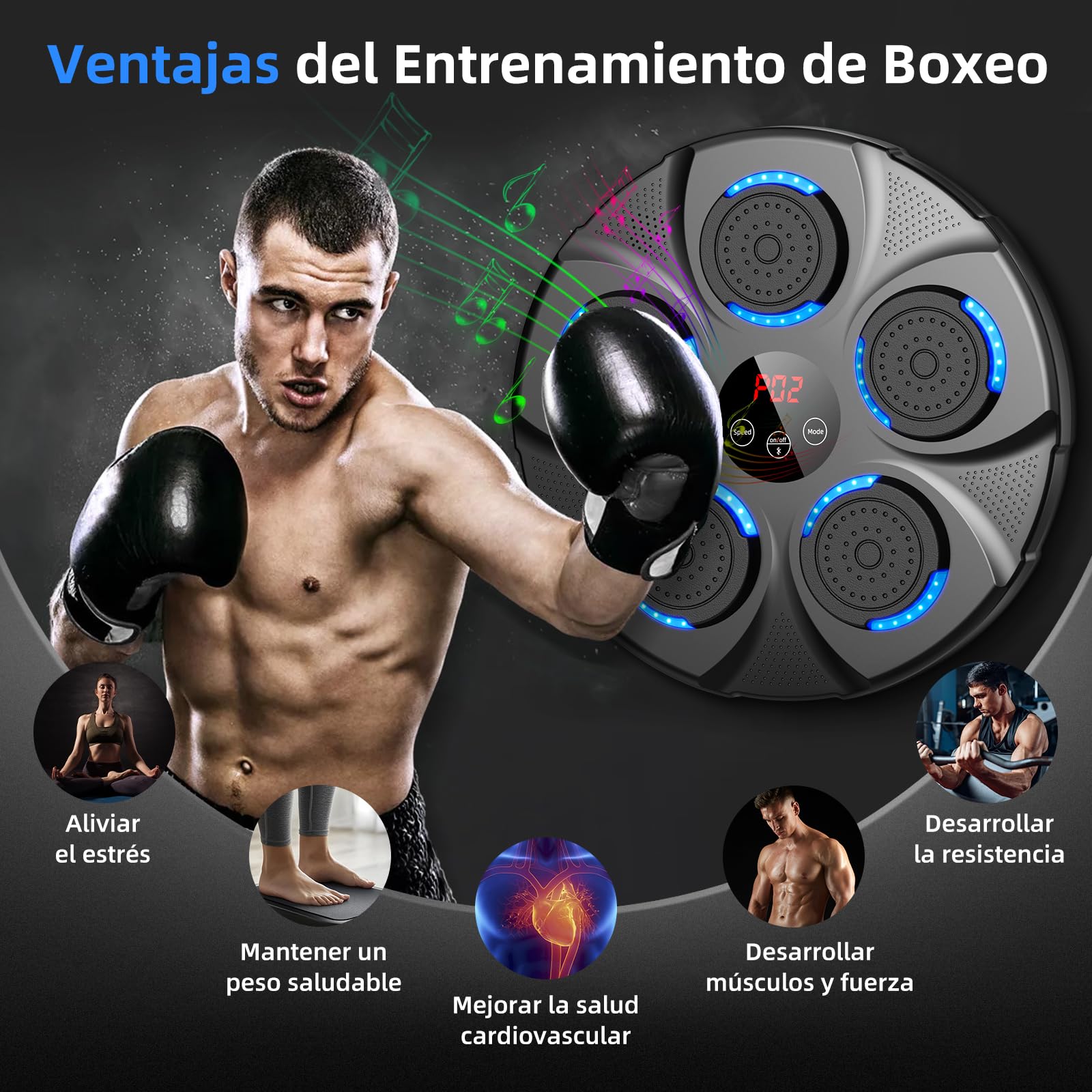 Máquina de Boxeo Musical, Máquina de Boxeo Electrónico Profesional con Guantes, Bluetooth, 9 Velocidades/Modos para Niños y Adultos, Casa, Oficina, Gimnasio, Negro