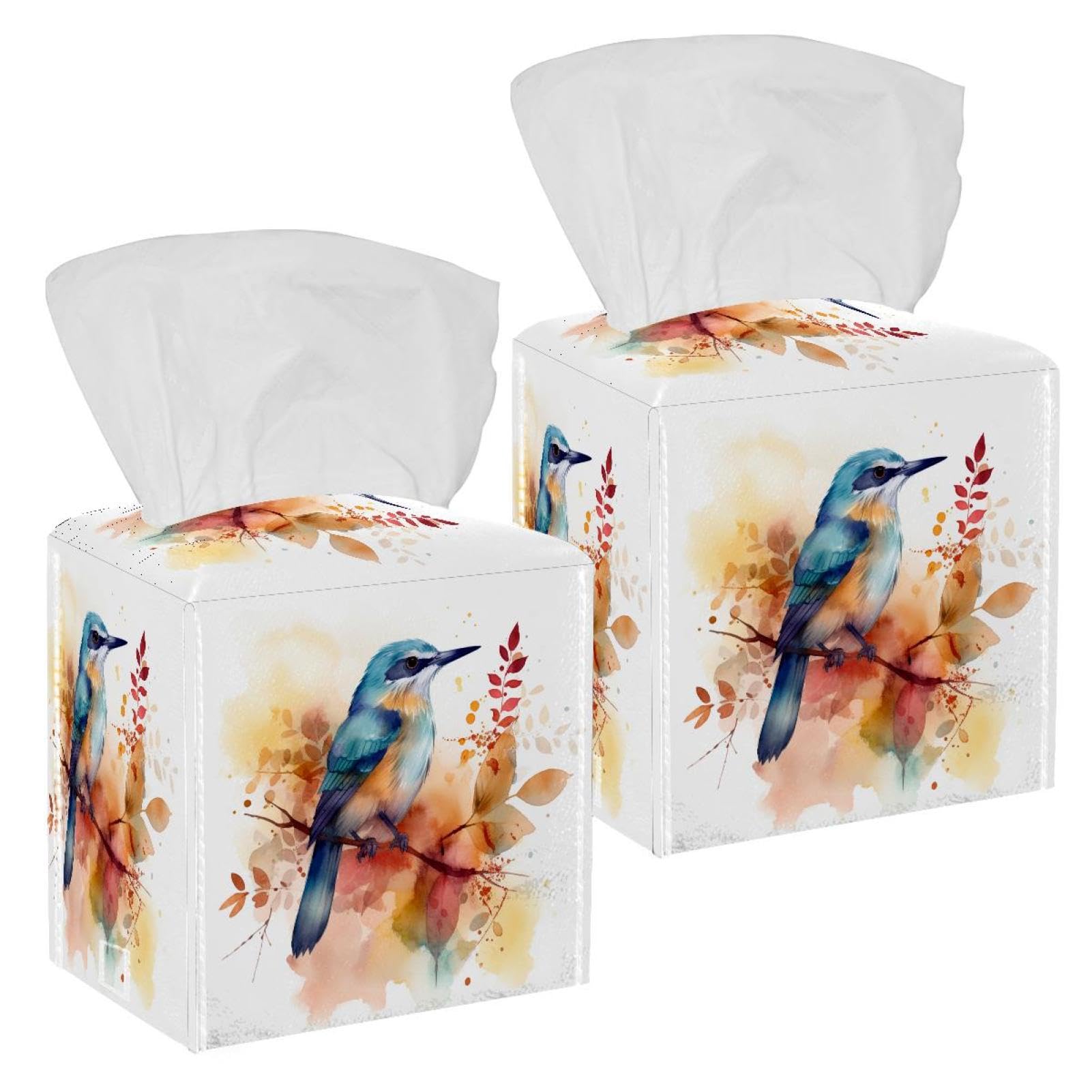 Watercolor Bird Tissue Box Cover, 2 Pack PU Leather Square Facial Tissue Dispenser Box holder for Home Office Car