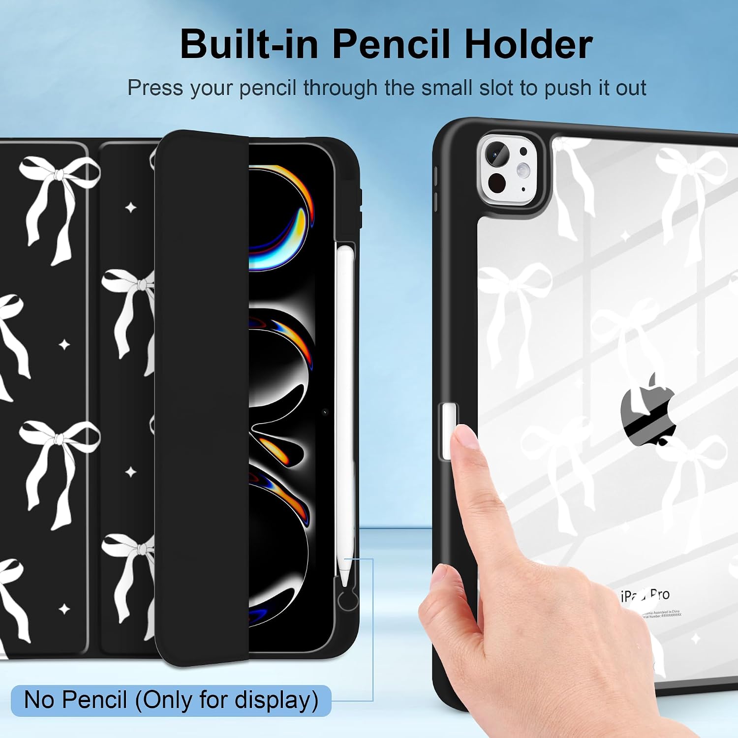 MecBevia Case for iPad Pro 11 inch M5 2025 / M4 2024 (6th/5th Gen) A3357, A3358, A3359, A2836, A2837, A3006 – Built-in Pencil Holder & Auto Wake/Sleep, White Bow