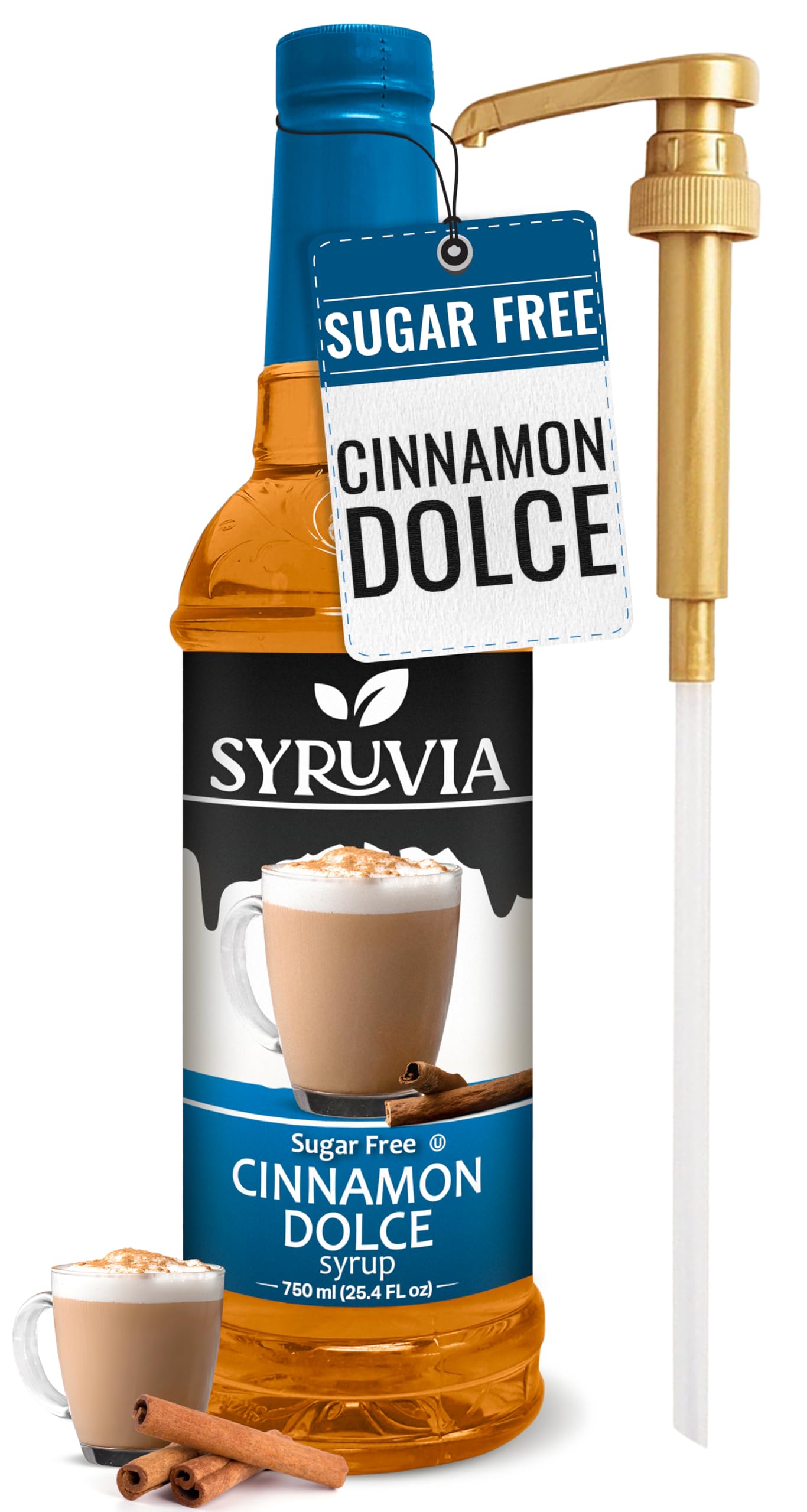 Syruvia Sugar Free Coffee Syrup, Cinnamon Dolce Flavored Syrup for Drinks, Lattes, and Desserts – 25.4 fl oz, With Pump