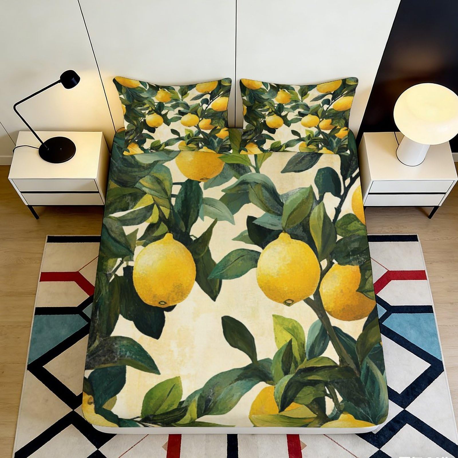 3D Printed Lemon Orchard Fitted Sheet Microfiber Anti-Slip Bedroom Decor Citrus Tree Mattress Cover Easy Care 90x200x25cm