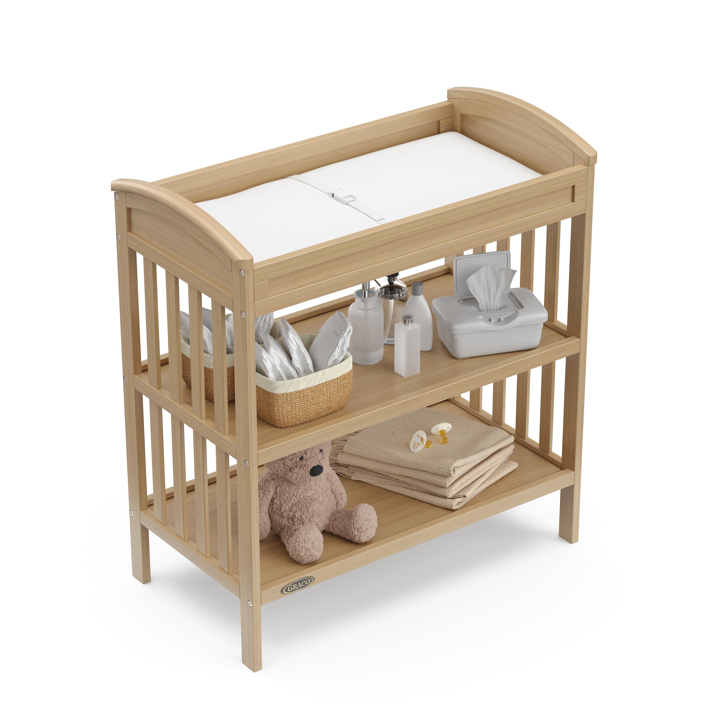Graco Benton - Fasciatoio con fasciatoio impermeabile (legno driftwood), certificato Greenguard Gold, include fasciatoio con cinghia di sicurezza, 2 ripiani aperti per organizzare