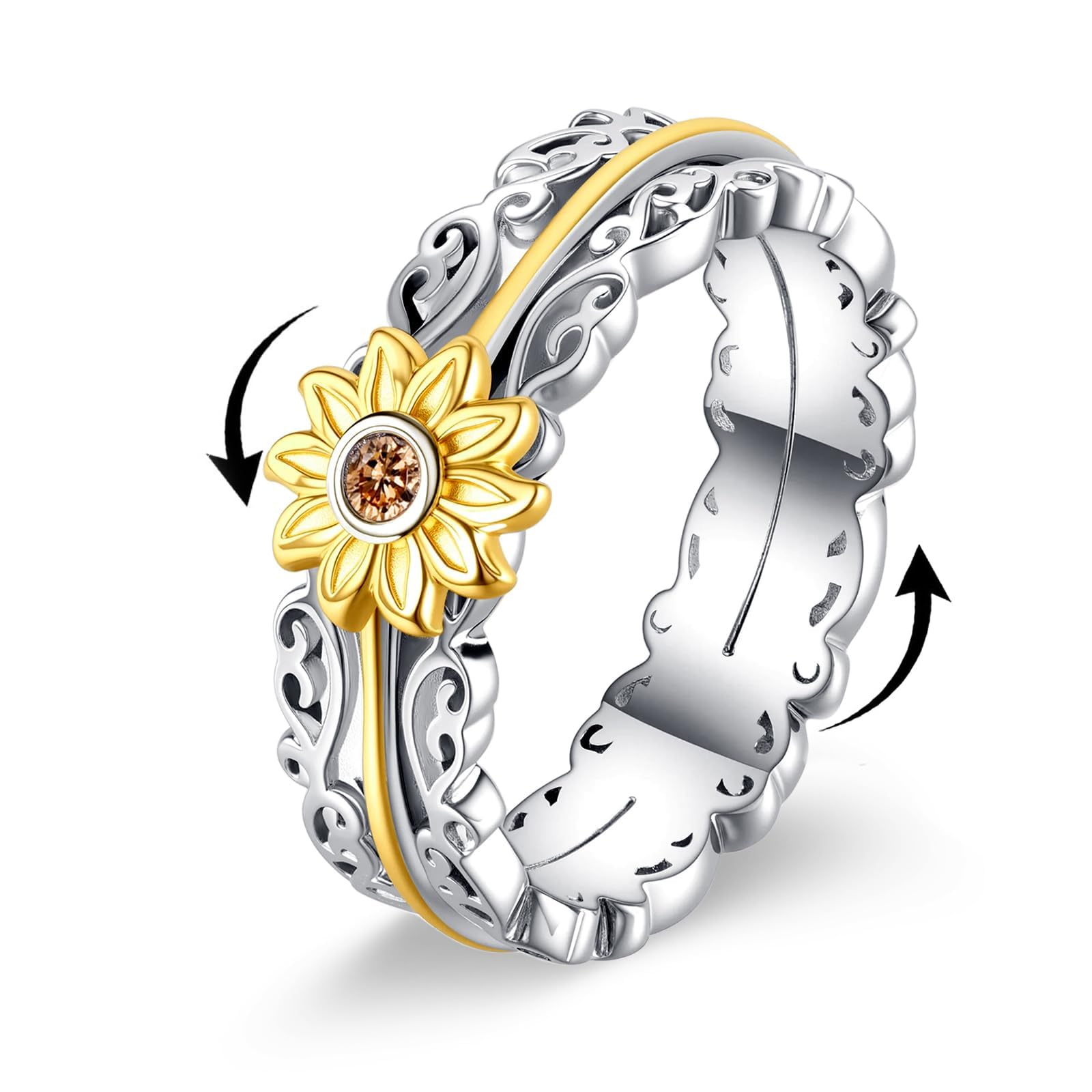 VONALA Filigree Sunflower Fidget Rings for Anxiety 925 Sterling Silver Sunflower Cross Moonstone Moss Agate Spinner Rings for Women Anti Stress Mood Rings Gifts Band Wide Sunflower Spinner Ring Gold B 9