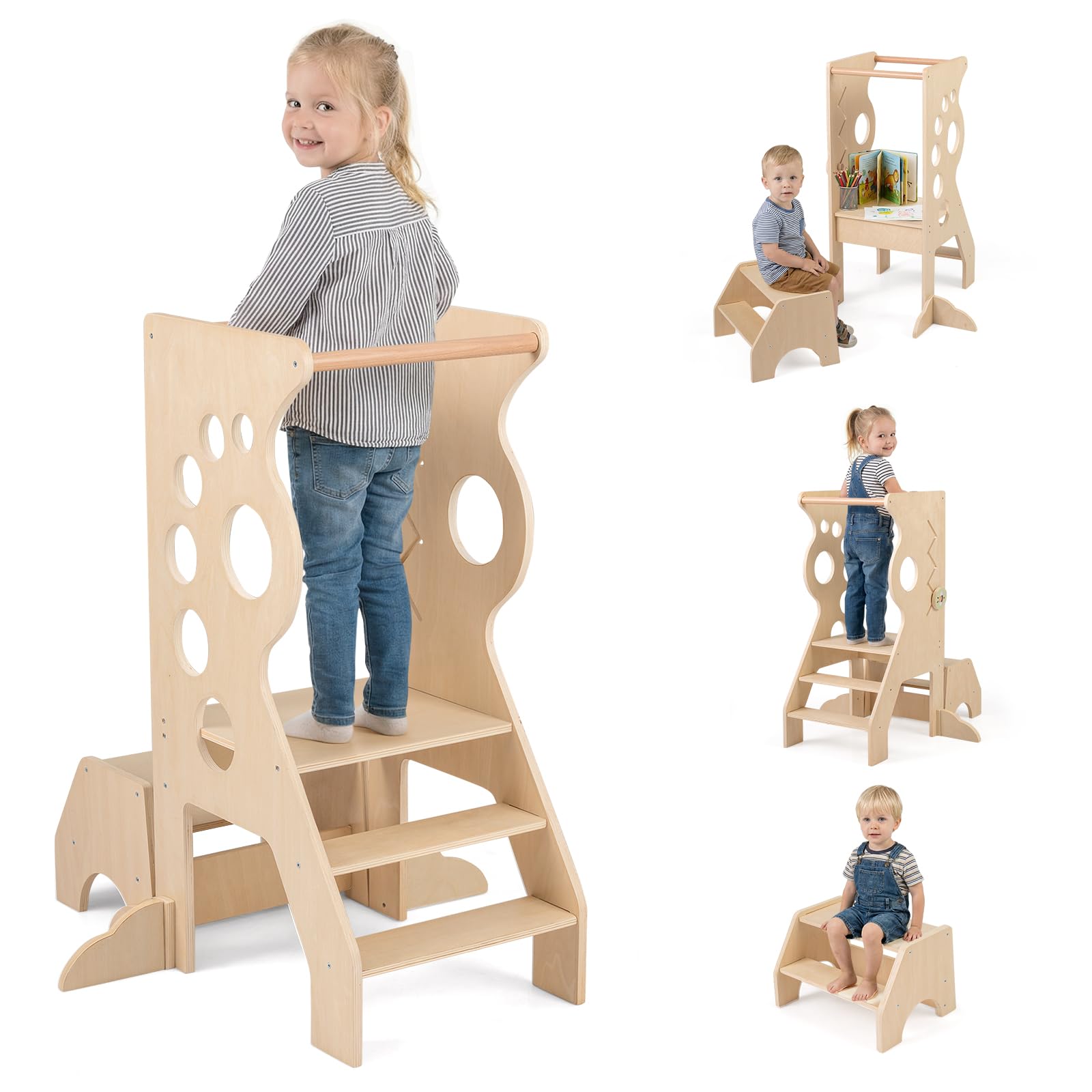 COSTWAY 3 in 1 Lernturm mit 2-Stufen-Hocker, Tritthocker aus Holz mit abnehmbaren Sicherheitsstangen & Linienspiele, Trittleiter & Kindersitzgruppe Montessori, Trittschemel für Kinder ab 3 Jahren