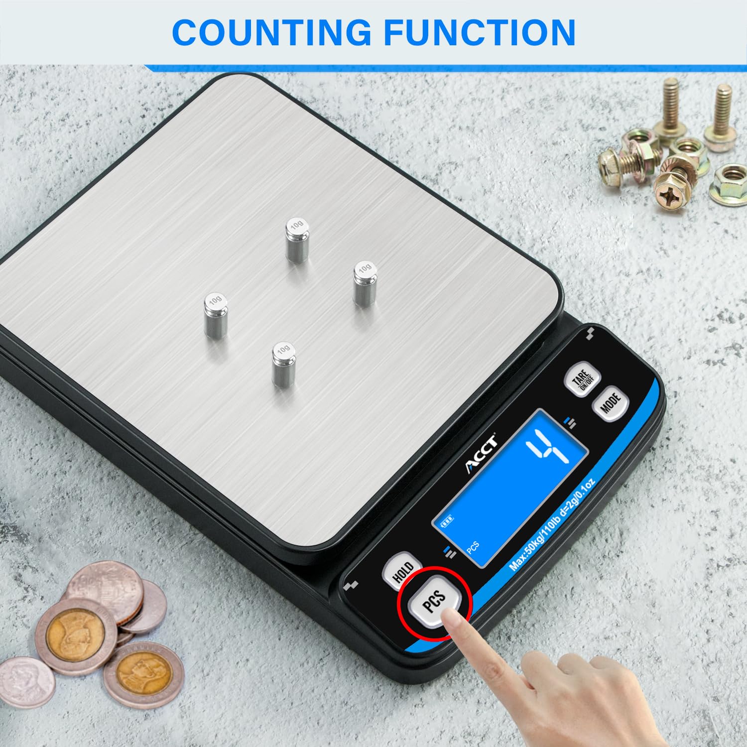 110lb Postal Scale - Balanza de envío de alta precisión con funciones de tara, recuento y retención, 5 unidades, perfecta para envíos postales, paquetes y cartas, con cinta adhesiva