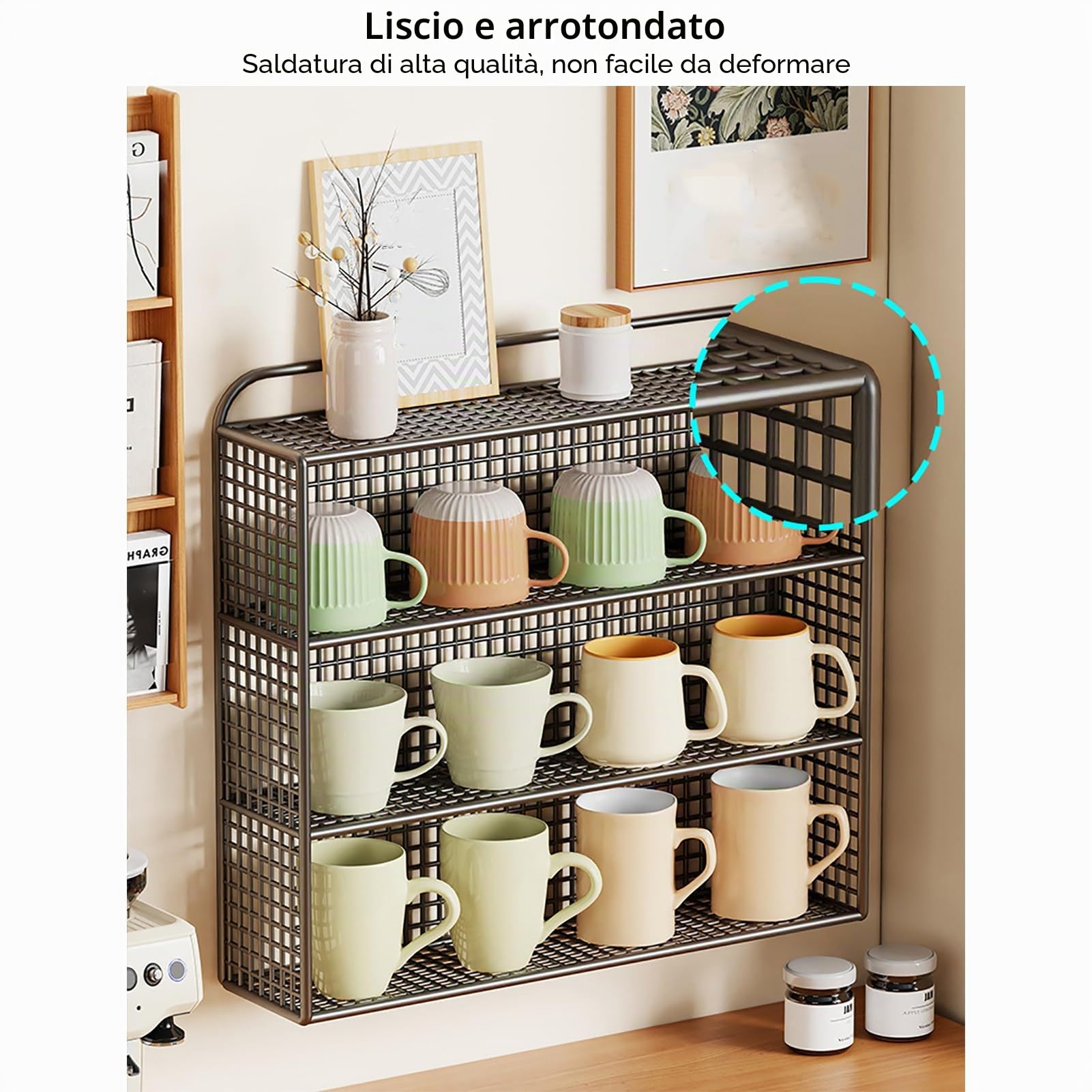 Portaoggetti per Tazze, Organizer per Tazze in Metallo, Porta Tazze da tè, Mensola Portaoggetti A Parete per Cucina, Dispensa, Frigorifero, Bagno e Ufficio(45x10x38cm(18x4x15inch), White)