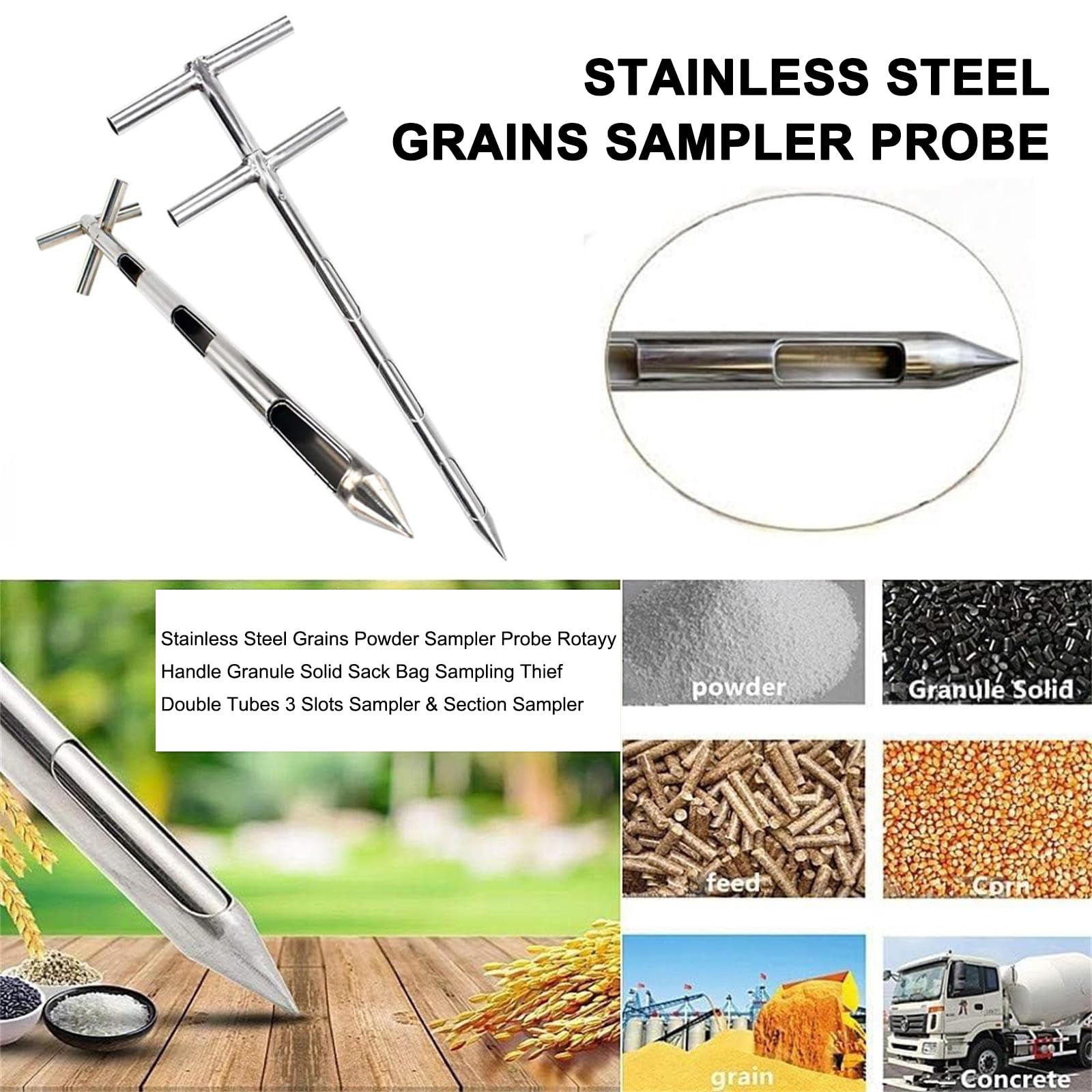 HMWOKPOT Double Layer Rotary Grain Probe Sampler 3 Slots 304 Stainless Steel Powder Sampling Tube for Solid Fertilizer Cement,1 Meter
