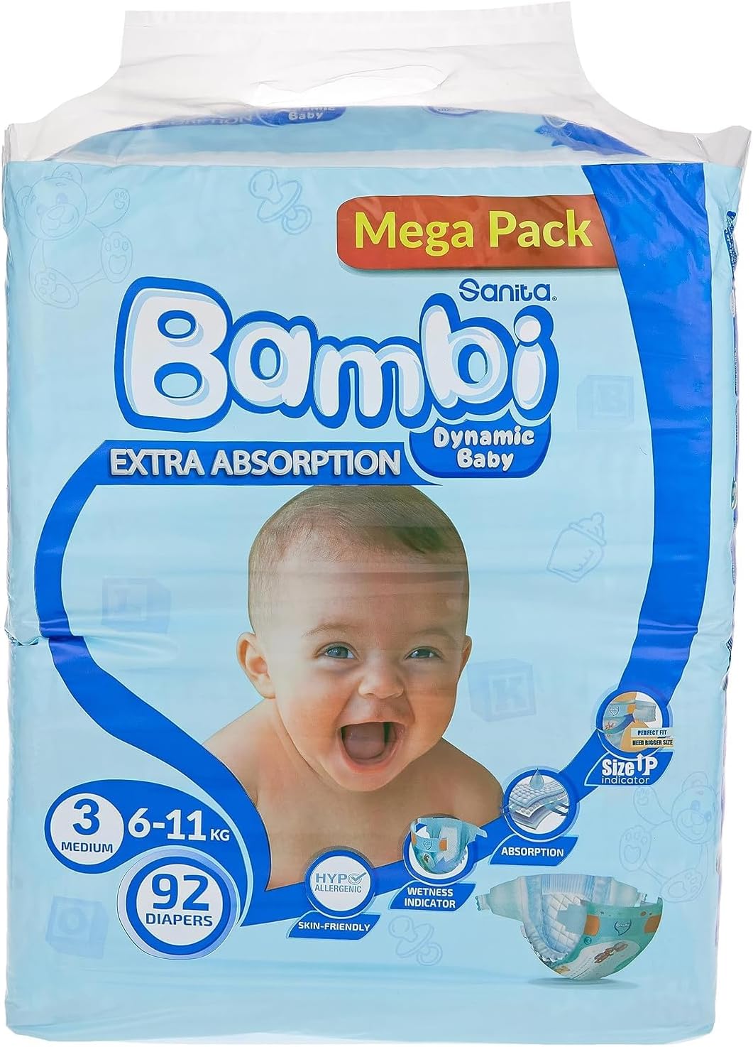 Sanita Bambi Baby Diapers Mega Pack Size 3, Medium, 6-11 KG, 92 Count