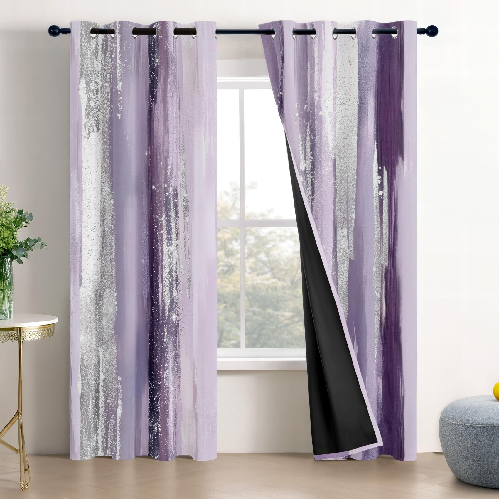 Mistela Vorhänge Mit Ösen Blickdichte Lila Grau - Verdunklungsvorhänge Moderne Abstrakte Mädchen Vorhänge Schlafzimmer Kinderzimmer Fenstervorhang - 2er Set - H200 x B140cm
