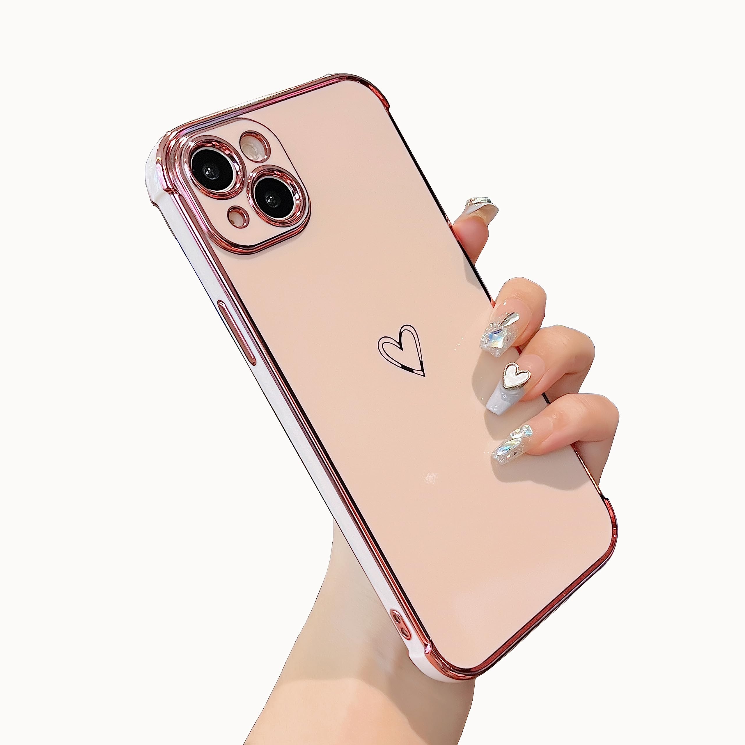 ZTOFERA Designed for iPhone 15 6.1 inch Case,Cute Plating Edge Love Hearts Pattern with Camera Lens Protection Phone Cover for Girls Women,Pink