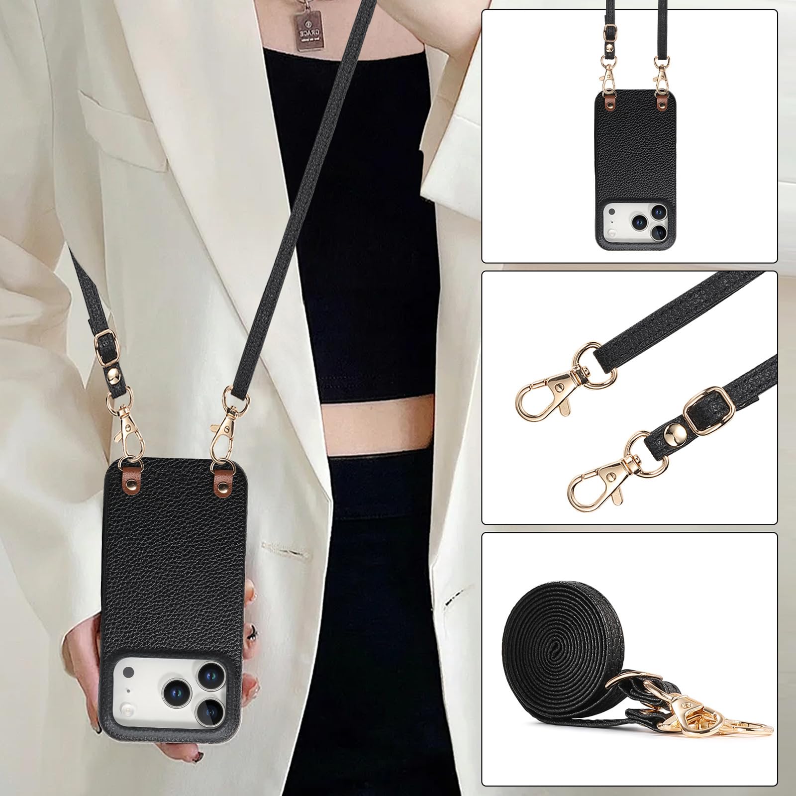 Cienkie etui do iPhone 17 Pro Max / 17 Pro / 17 Air/17, skórzane etui z wzorem liczi, z paskiem na ramię, odporne na odciski palców, odporne na zarysowania, niebieskie, 17 ProMax