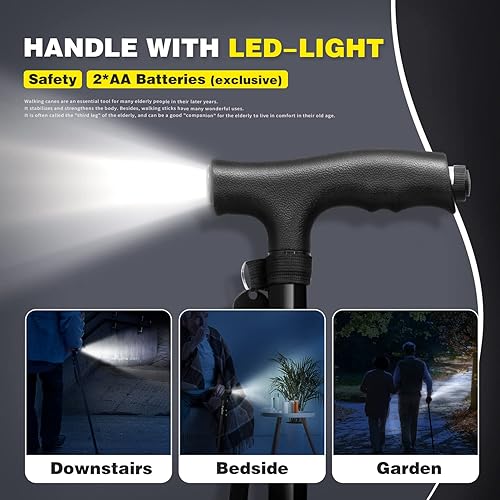Miniatura 9 de BigAlex Bastón plegable con luz LED, base cuádruple giratoria, bastón ajustable con bolsa de transporte para hombremujer (base de aleación)