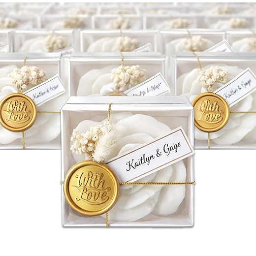 Personalized Rose Shaped Soy Wax Candles in Gift Box with Gold Wax Seal – Scented Wedding & Bridal Shower Favors, Elegant Mini Candle Gifts (Bulk Options Available)