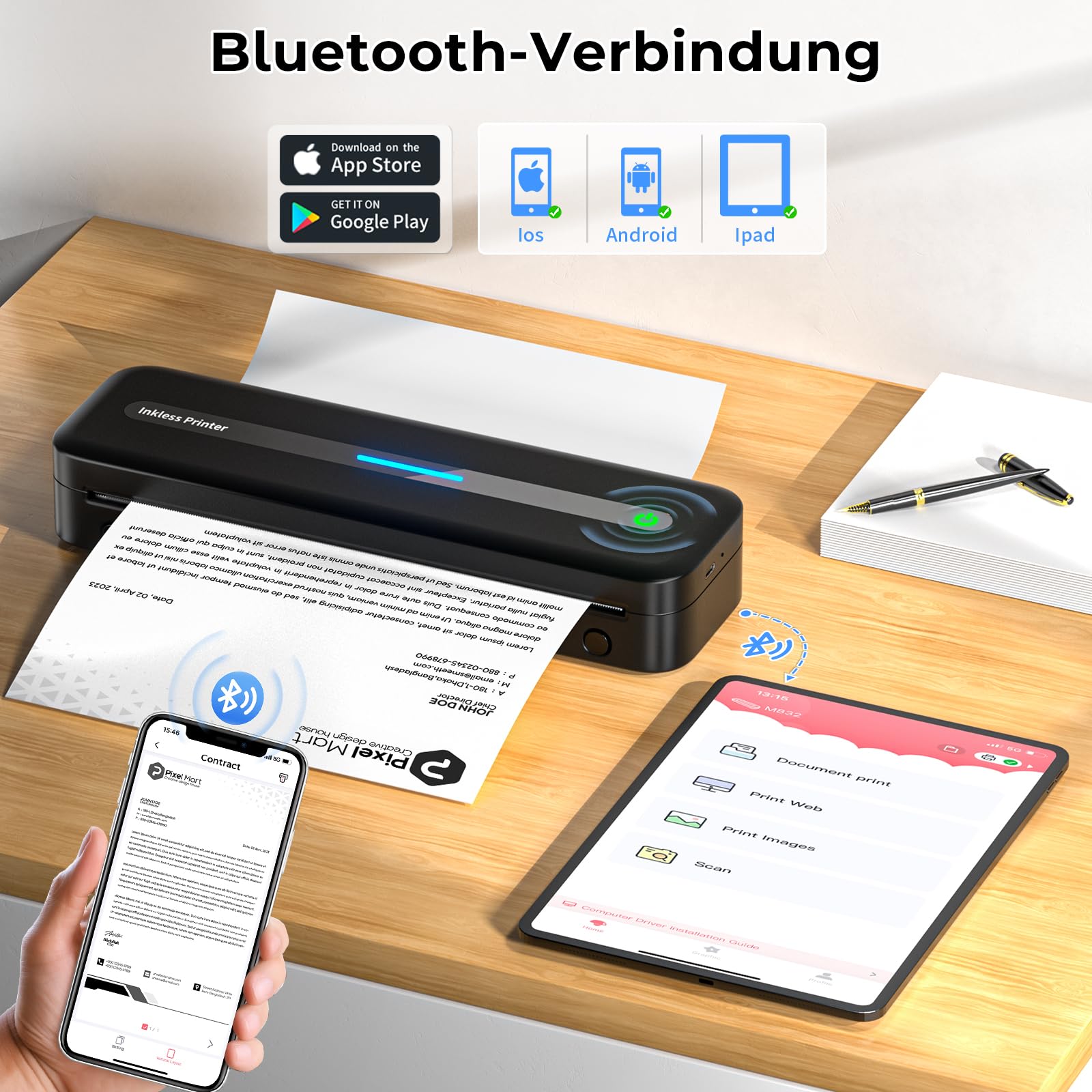 Mobiler Drucker A4 für Unterwegs, Tragbarer Drucker Thermodrucker A4 Wireless Bluetooth Inkless Handy Printer, 300dpi Portable Kompakt Reisedrucker für Android/iOS/Win/Mac Laptop