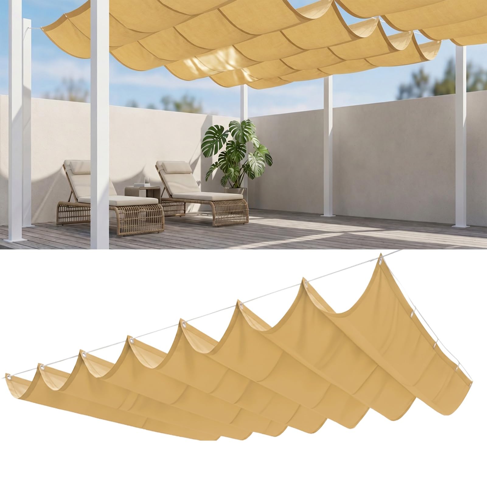 Retractable Wave Sun Shade Sail 2 x 7 m Adjustable Retractable Pergola Shade Weather Resistant Durable Sun Shades for Deck Lawn Garden Pool, Sand yellow — image 1