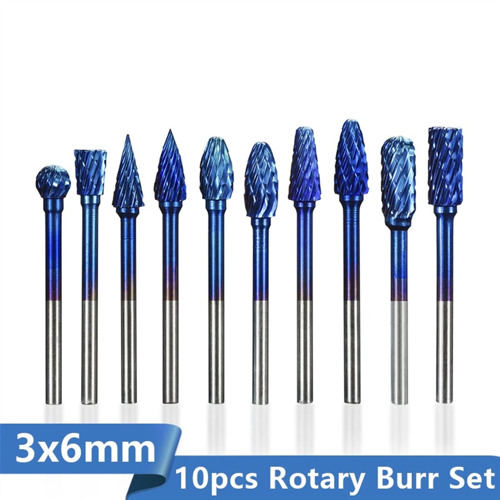 1Box 3mm Shank Tungsten Carbide Rotary Burrs 6mm Diameter Double Cut Rotary File Router