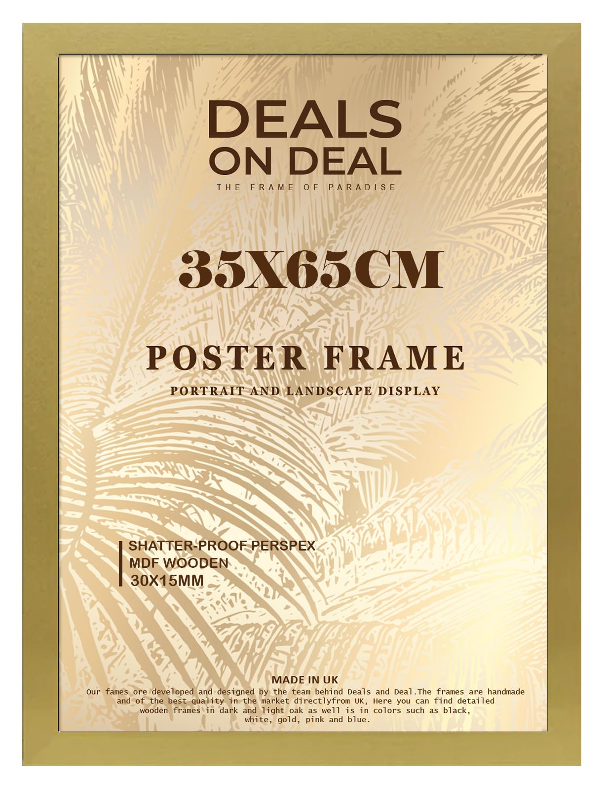 DEALS ON DEAL® Modern Large Poster Frame 35x65cm Mdf Wooden Picture Frames 65cm x 35cm for Jigsaw Puzzles/Shatter-Proof Front Vertical/Horizontal Mounting For Home & Office Décor-Gold
