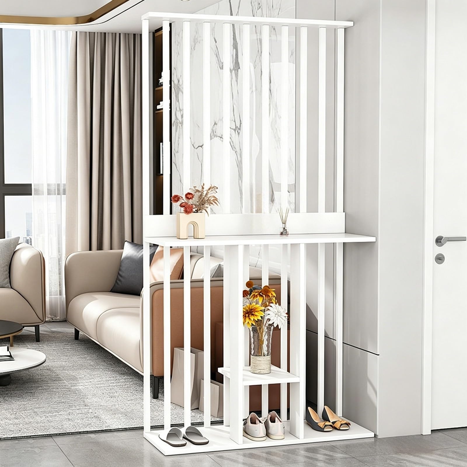 Wall Room Divider, Freestanding Slatted Partition with Shelves, Modern Slim Privacy Screen for Entryway, Living Room and Hallway(White+White,100cm)