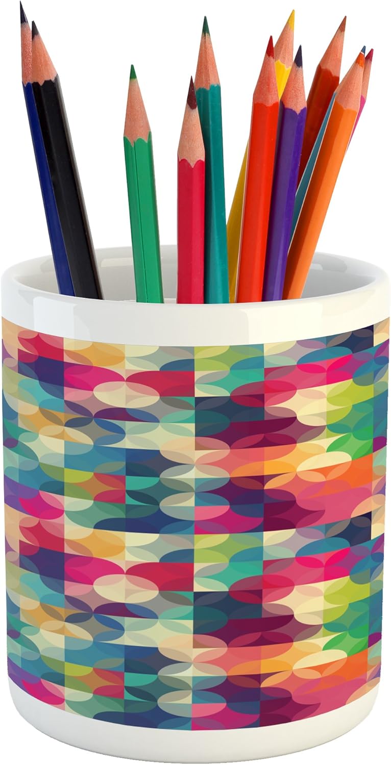 Lunarable Vintage Modern Pencil Pen Holder, Intertwined Circles Pattern with Checkered Squares Rainbow Colored Design, Ceramic Pencil Pen Holder for Desk Office Accessory, 3.6 X 3.2, Blue Magenta