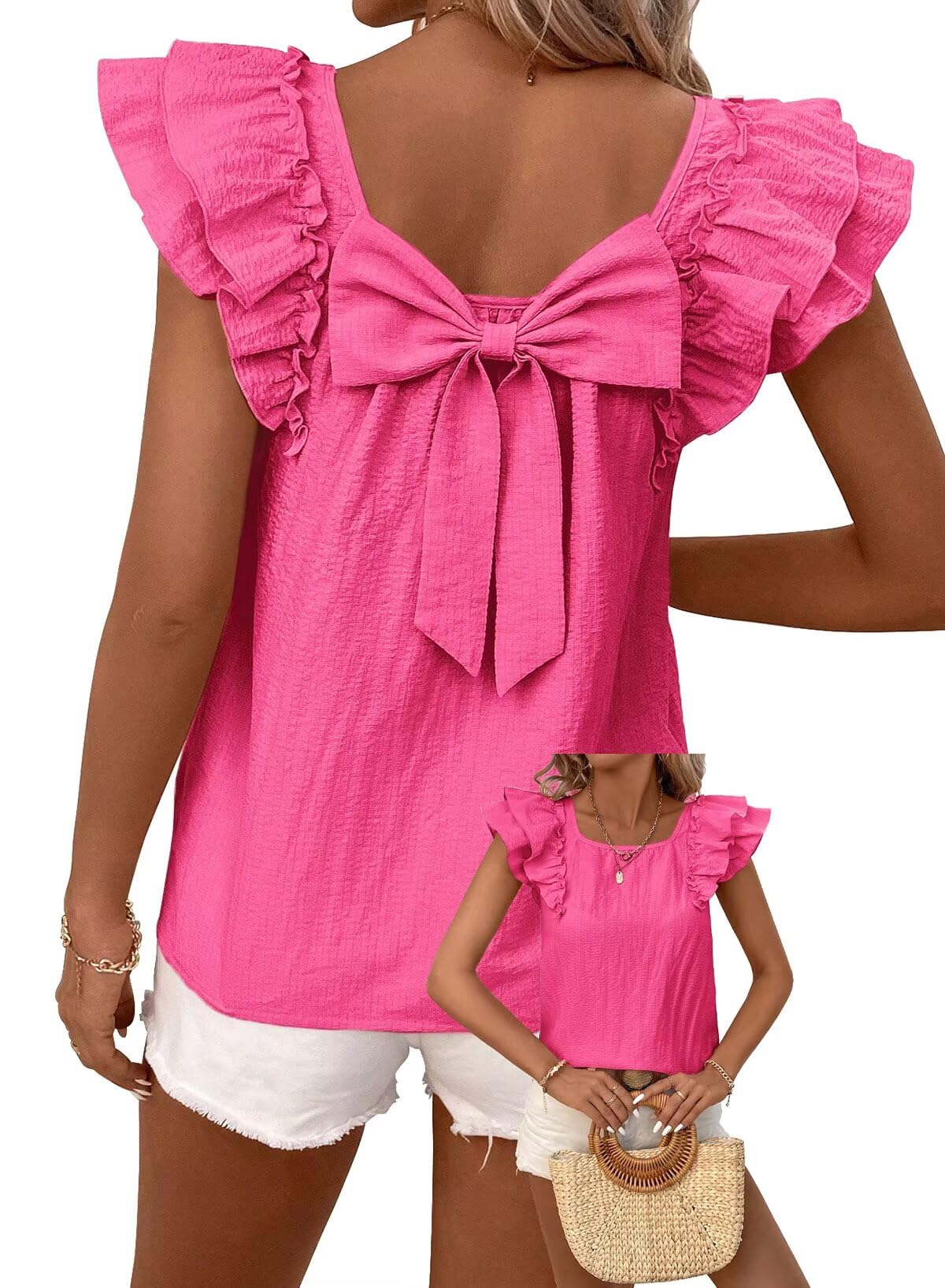 Falechay Womens Bow Tie Back Tops Round Neck Ruffle Short Sleeve Shirts Cute Babydoll Chiffon Tee Women Summer Trendy Tunic