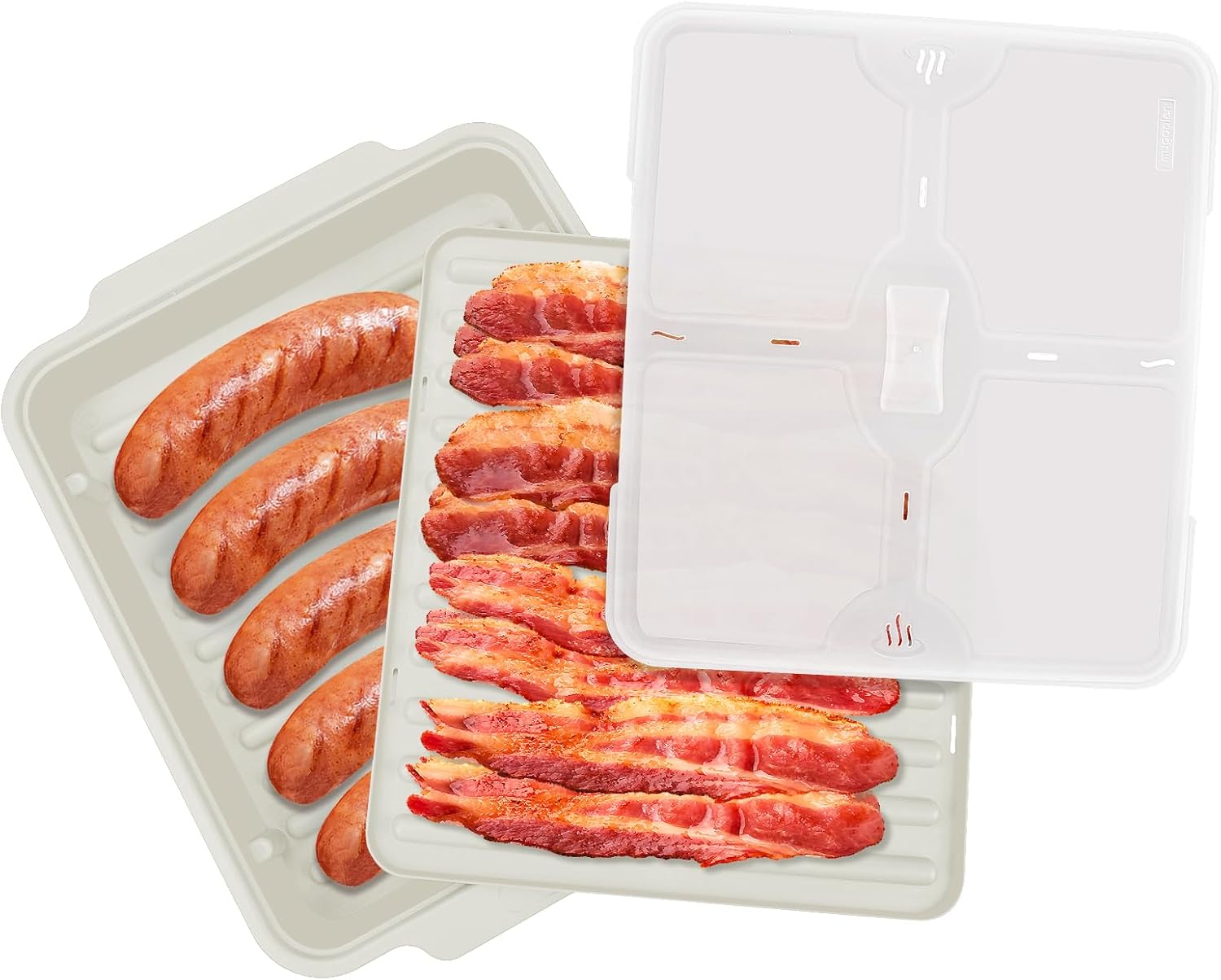 Double Microwave Bacon Cooker/Tray with Splatter Lid, Safe, Easy Clean, Convenient Kitchen Tool，for Cooking (White)