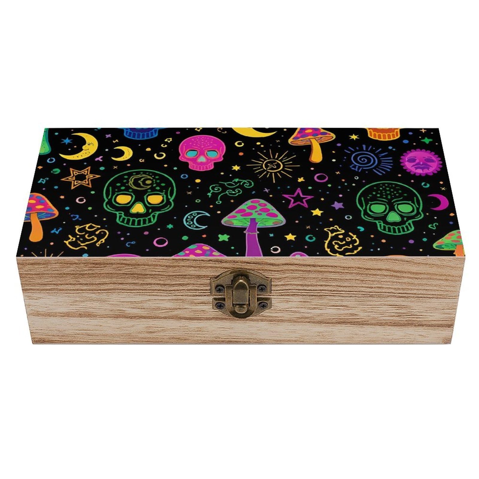 SMAZDFXX Trippy Moon Skulls Mushrooms Wooden Storage Box With Hinged Lid Decorative Front Clasp Keepsake Boxes