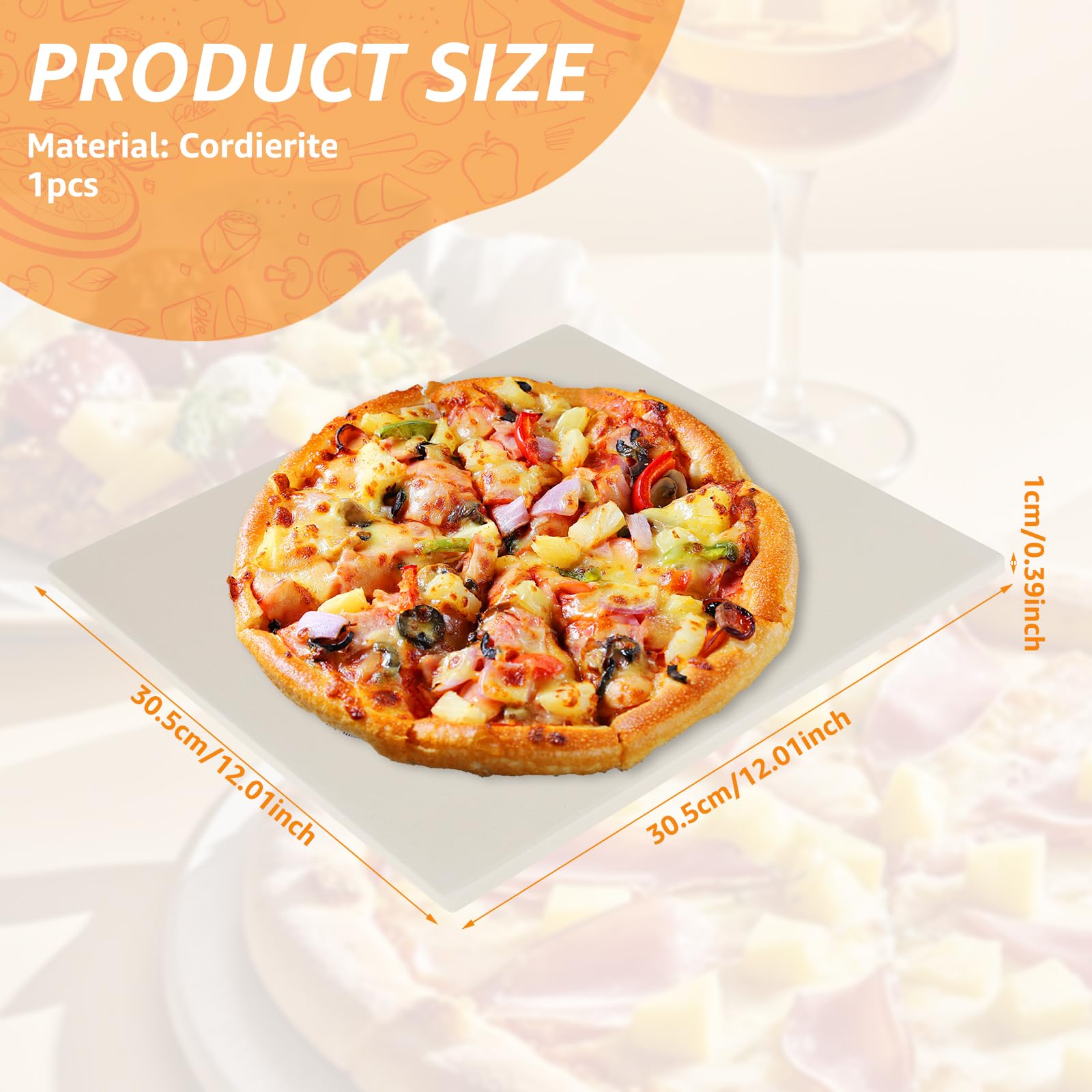 Kamień do pizzy 30,5 x 30,5 cm, kwadratowy, kordieryt, odporny na wysoką temperaturę, 800°C, trwały, gładki, kamień do pizzy, do chrupiącej pizzy, chleba, ciastek, piekarnika, grilla, pieca do pizzy
