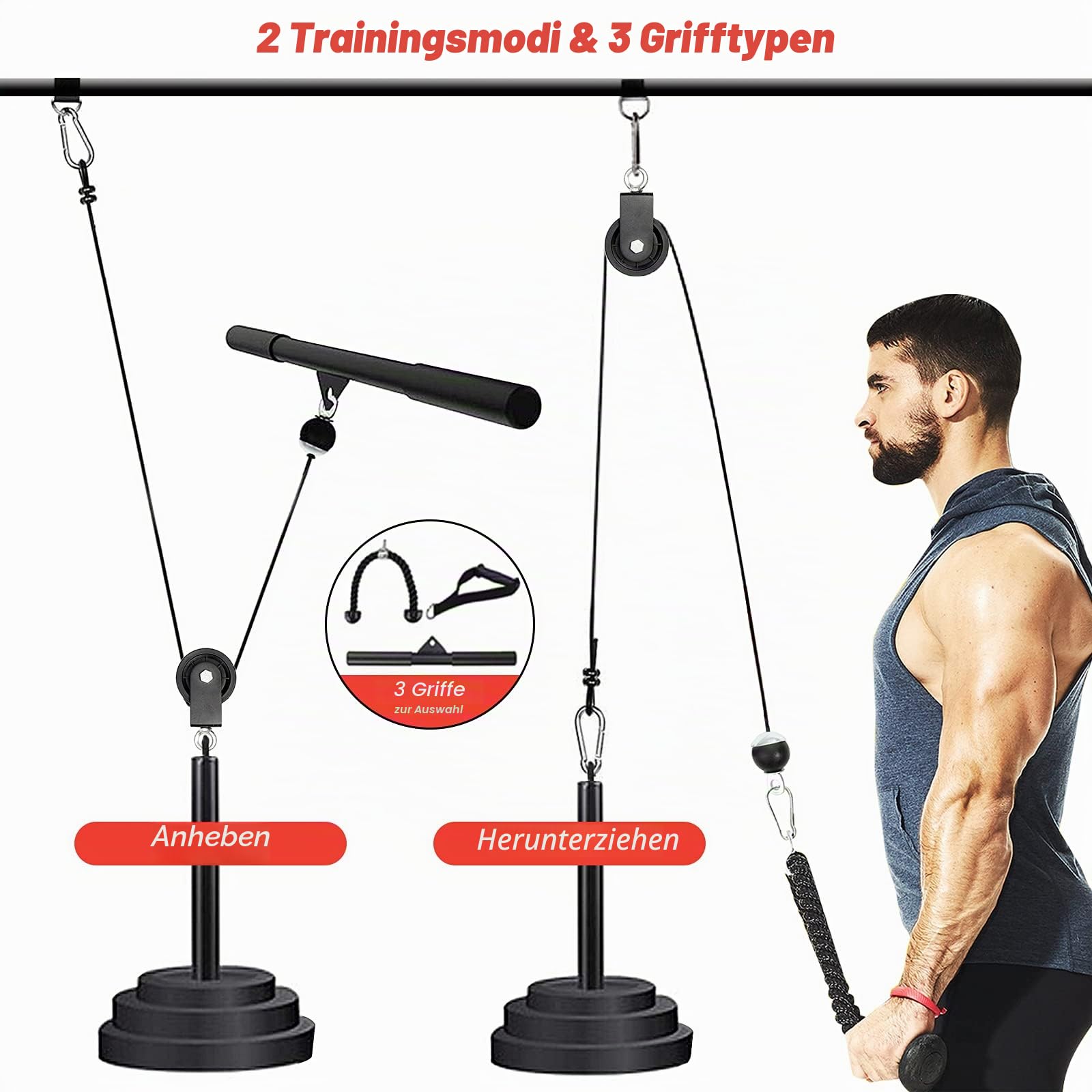 Leogreen LAT System Seilzug mit 2 Modi & 3 Griffen, Fitness-Kabelsystem