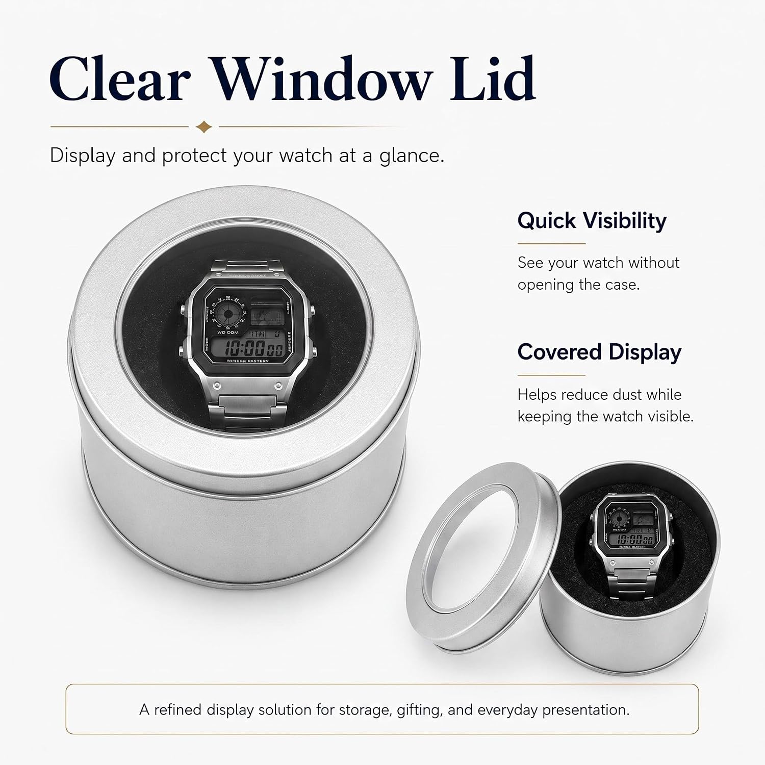 Metal Single Watch Travel Case with Removable Pillow, Durable Watch Case for Men with Clear Viewing Window, Watch Storage Box For Display and Travel