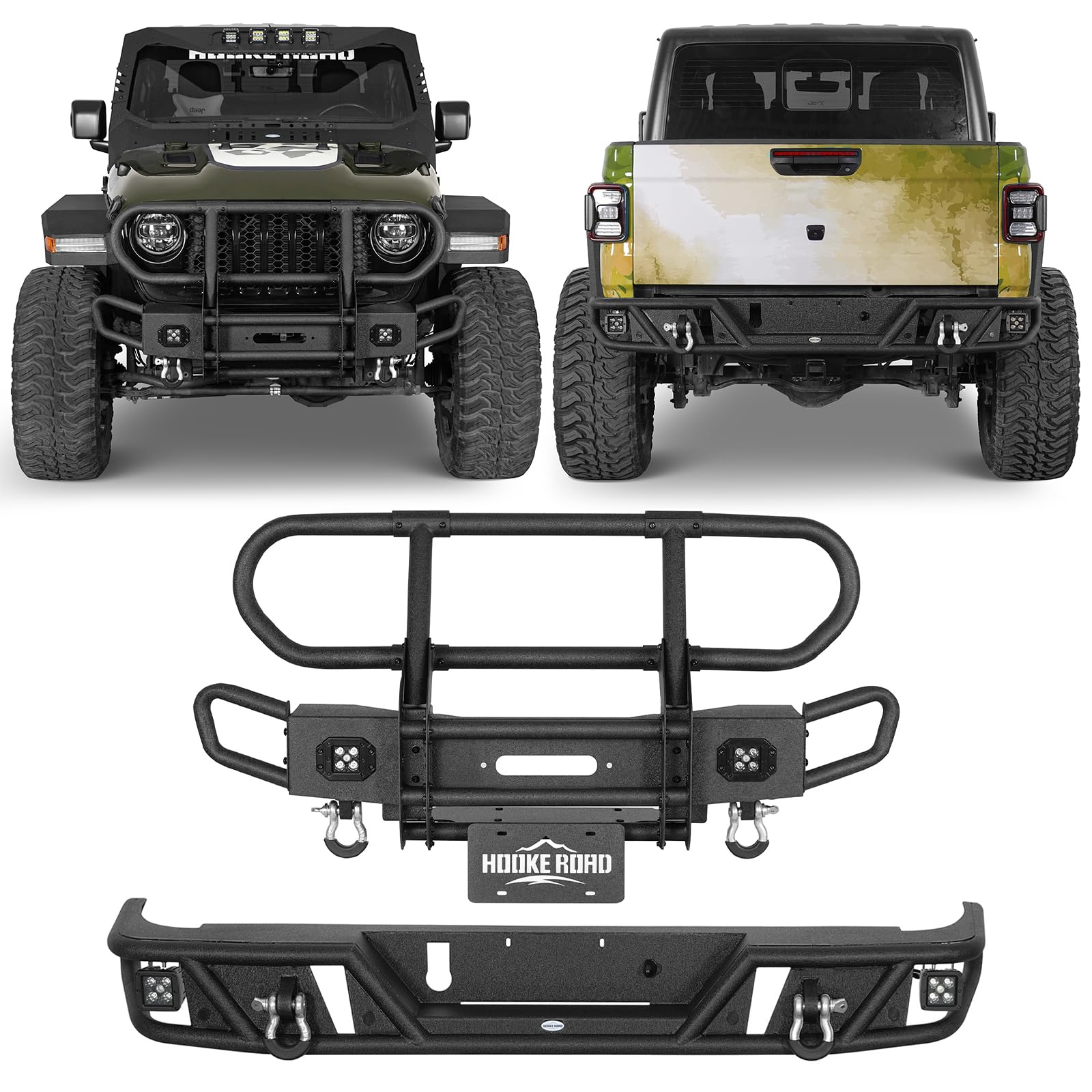 Gladiator Front and Rear Bumper Kit for 2020-2026 Jeep Gladiator JT, Steel Off-Road Bumpers with Full Brush Grille Guard, Winch Plate, LED Lights, D-rings
