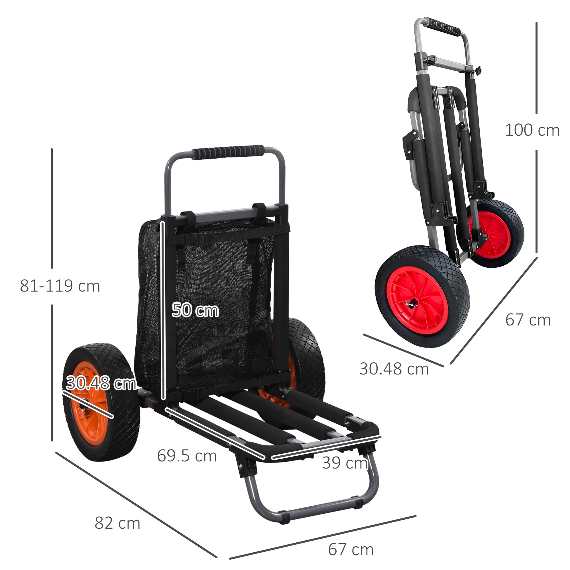 SPORTNOW Carrello da Spiaggia Pieghevole in Alluminio e PU con Tasca in Rete, Manico Telescopico e Cavalletto, 82x67x81 cm, Multicolore
