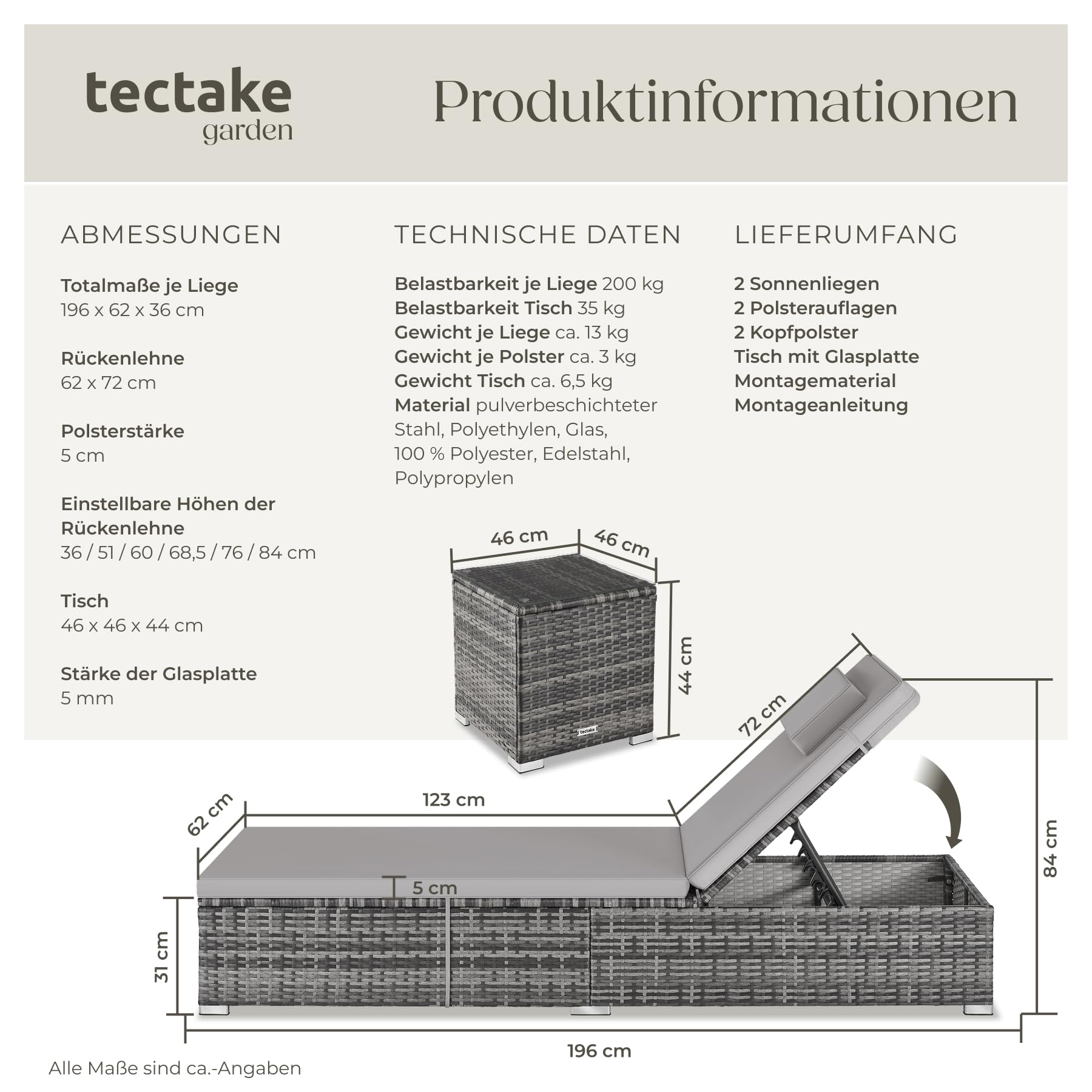 TecTake® Doppelliege für 2 Personen, 6-Fach verstellbare Rückenlehne, inkl. Tisch, wetterfest, 200 kg belastbar, Doppelsitzliege Garten, Sonnenliegen für Zwei, Gartenmöbel Rattan - grau