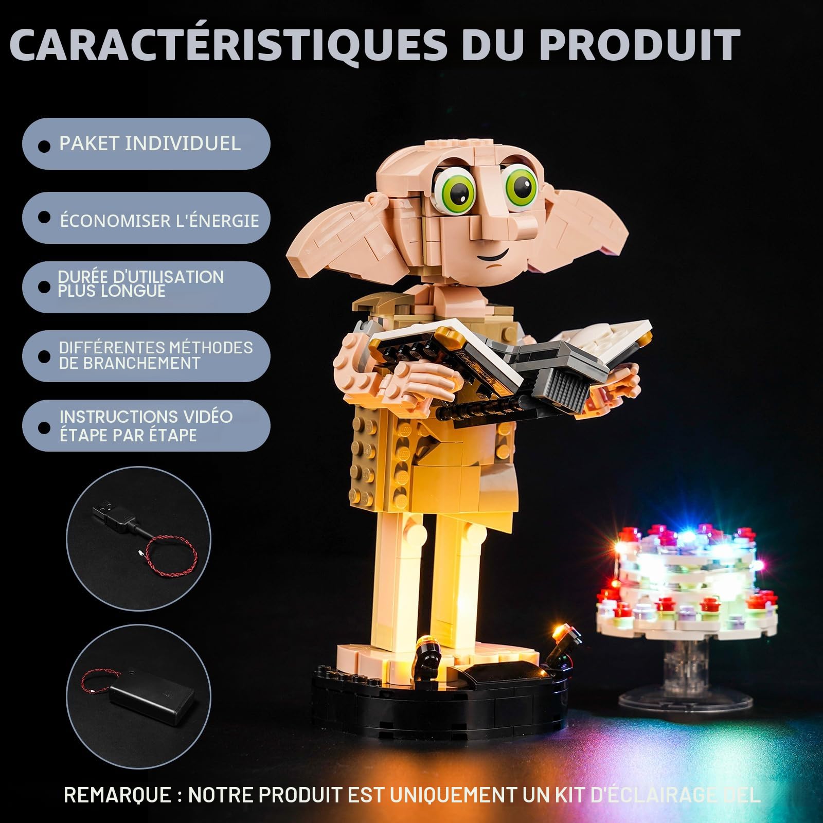BrickBling Kit d'éclairage LED pour Lego Dobby The House-Elf (pas de Lego), kit d'éclairage décoratif pour Lego 76421 Harry Potter Dobby l'elfe de la maison - Jouet créatif