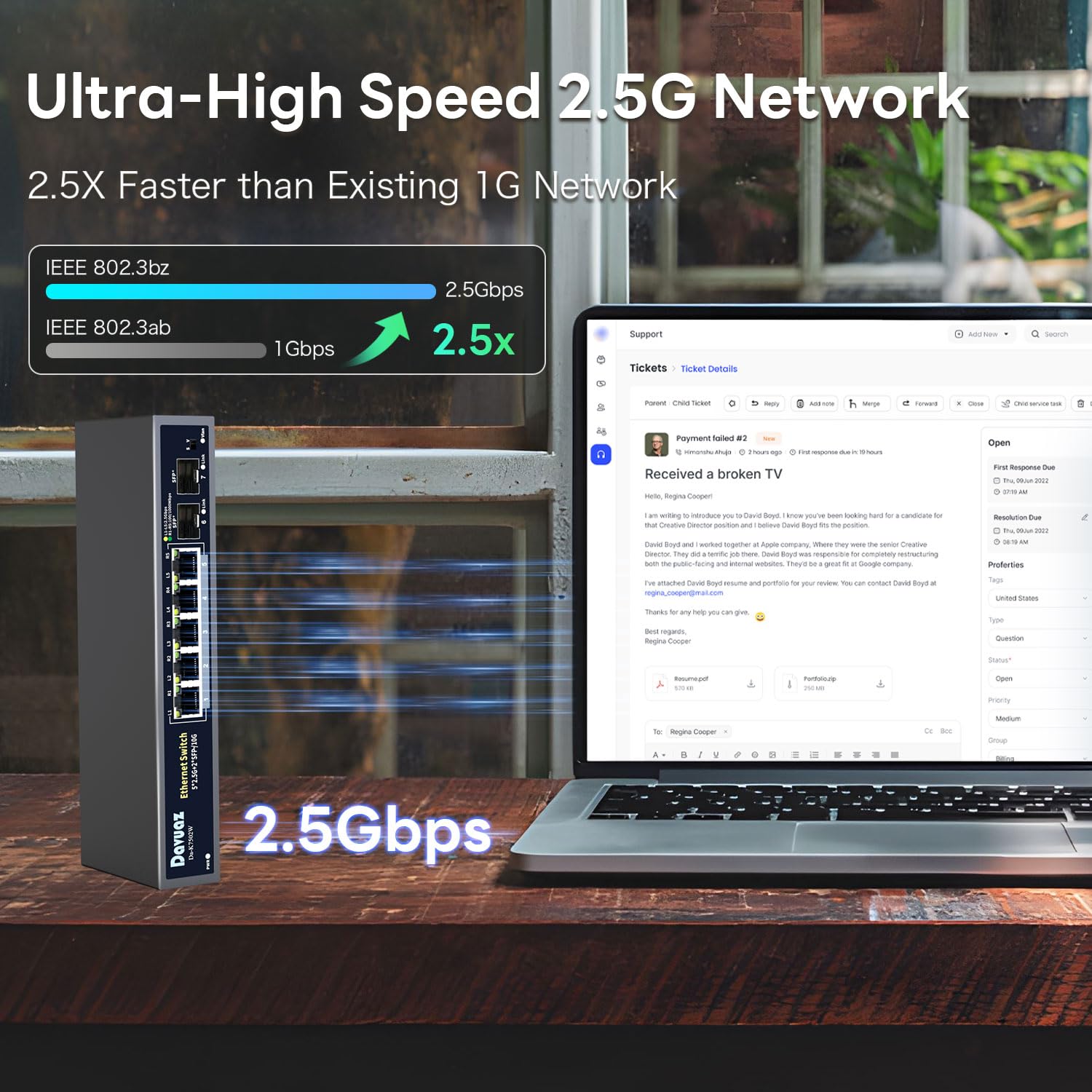 7-Port 2,5G Unmanaged Ethernet Switch, 5 x 2,5G RJ45 Ports, 2 x 10G SFP+ Optische Ports, Kompatibel mit 100/1000/2500Mbps Netzwerk Switches, Metallisch Lüfterlos, Plug and Play, Drahtlose AP