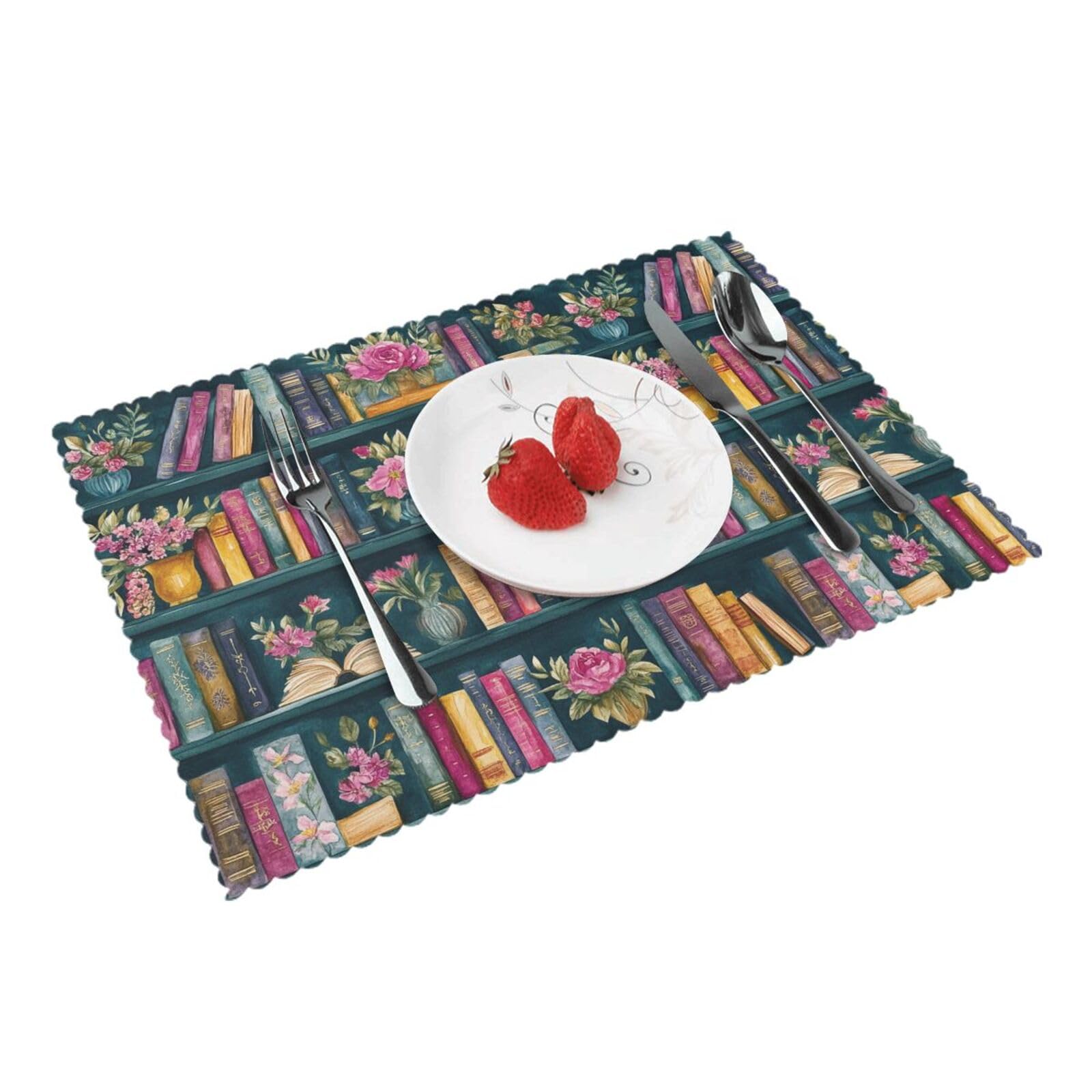 Bookshelf Booklovers Flowers (7) Placemats Set of 4 Print Table Mats Place Mats Table Decor for Kitchen Dining 12X18 in