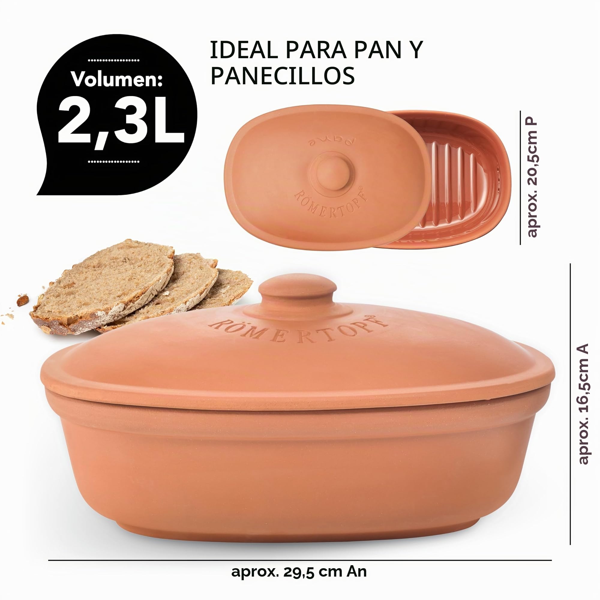 Römertopf Panera de barro cerámico, ideal para guardar pan y bollería de 30 x 21 cm, Terracota
