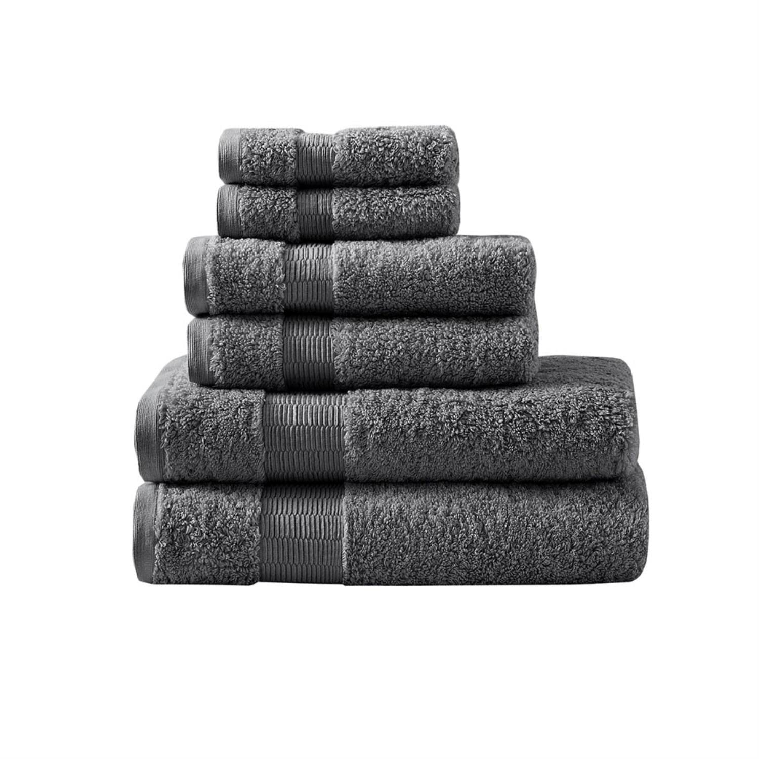 madison park signature luce 100% egyptian cotton luxurious bath towel set, silky soft, highly absorbent, premium spa quality, multi-sizes, charcoal, 6 piece