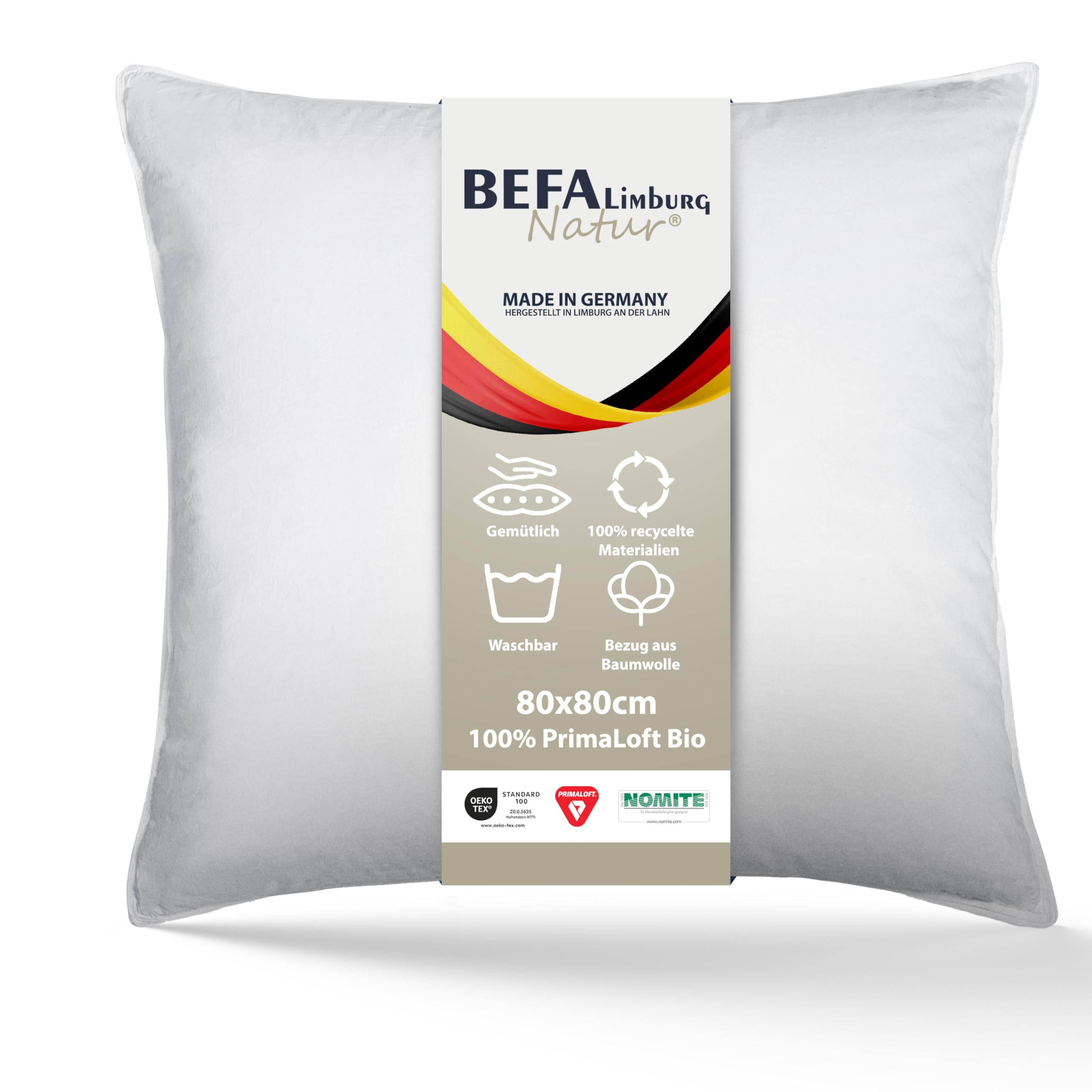 BEFA NATUR Kopfkissen 80x80 cm | Primaloft Bio® - hochwertige, Funktionelle Mikrofaserfüllung | vegane Daunenalternative | 1500g Füllgewicht |Oeko-TEX 100 Klasse 1 | Made in Germany
