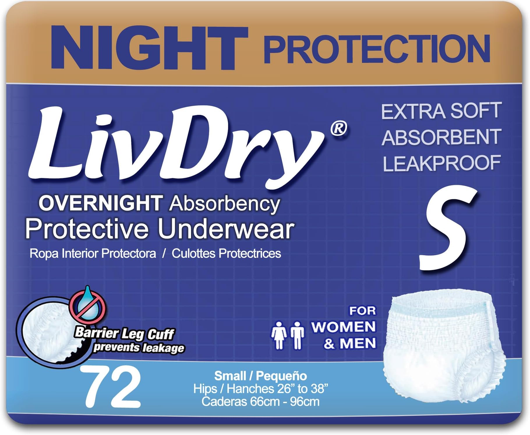 Adult S Incontinence Underwear, Overnight Comfort Absorbency, Leak Protection, Small, 72-Pack