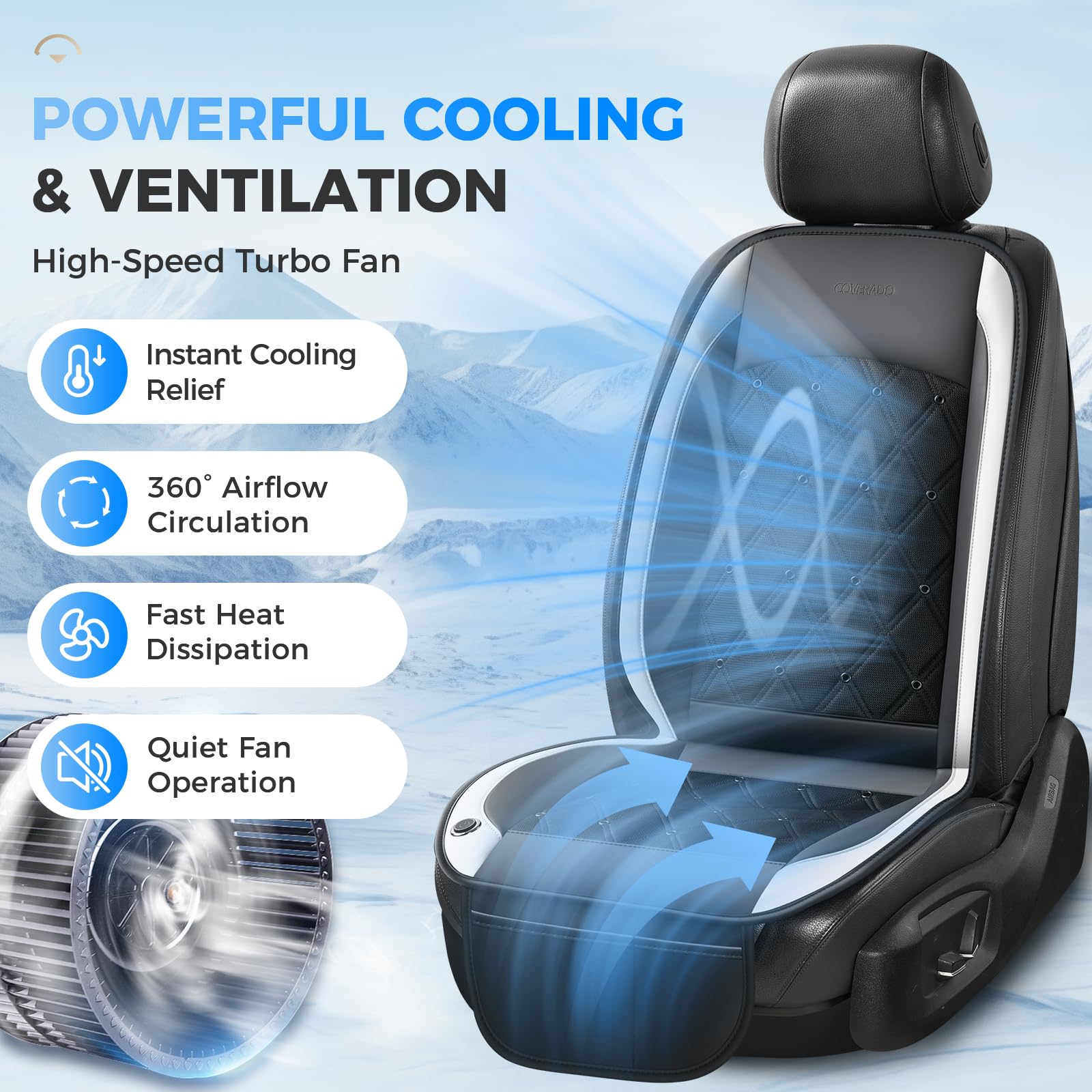 Coverado Housse de siège de Voiture rafraîchissante, 12 V-24 V, ventilée - 3 Vitesses réglables - Ajustement Universel pour Voiture, SUV, Camion, camionnette