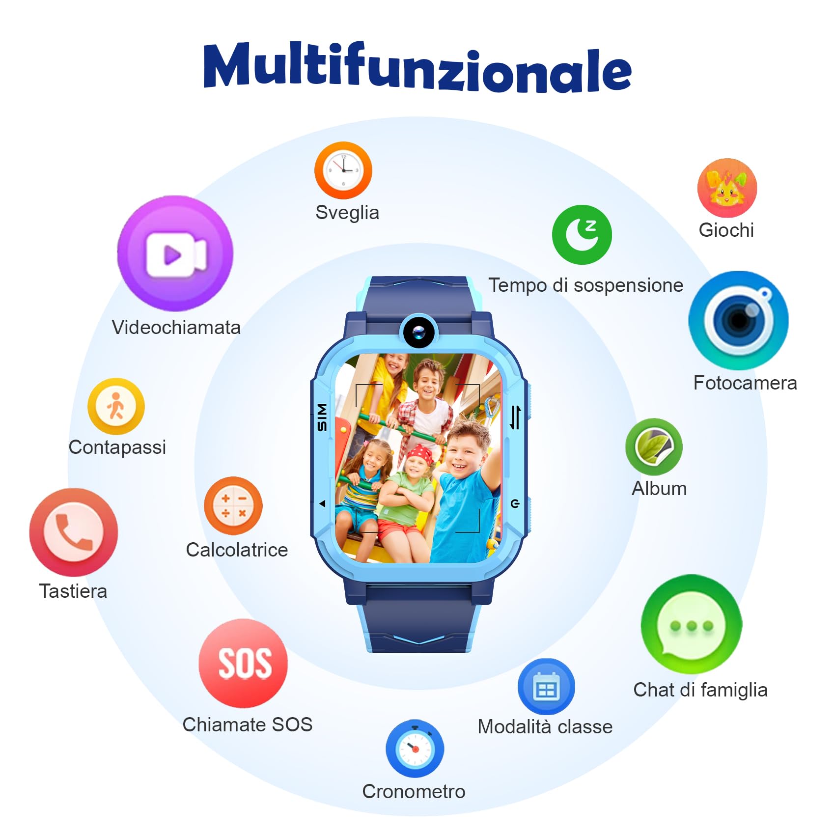 Blackview Smartwatch per Bambini Smartwatch GPS+LBS+Wi-Fi Tracciatrice, SOS, 4G Chiamate, Chat vocale, Videochiamata, SMS, Gioco, Fotocamera, Calcolatrice, Contapassi, Sveglia per Regalo Bambini