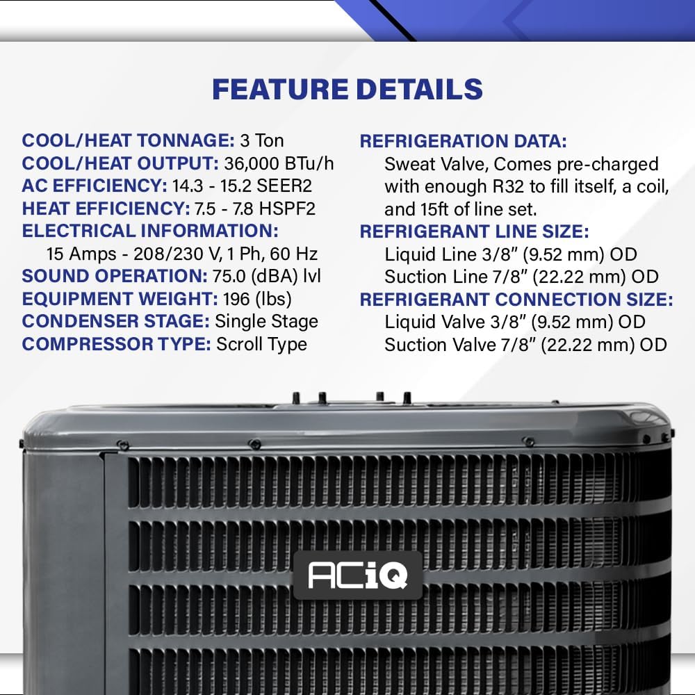 1HVAC 3 Ton 15 SEER2 Central Heat Pump Split System with Free Thermostat and 10K Backup Heat Kit - R32 Single Stage (AC/Heating System) | 36000 BTU