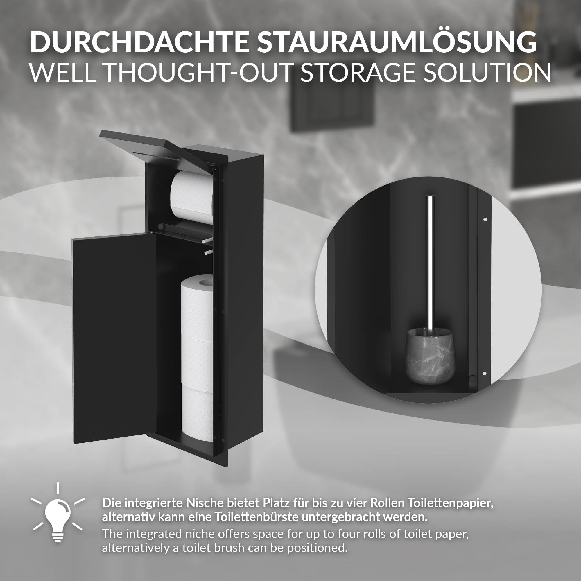 LuxeBath Módulo de Armario Empotrado para Baño de Acero Inoxidable Negro Mate 60 x 20 x 14 cm con Portarrollos con Tapa y Escobilla, Mueble WC Alicatable Encastrado para Aseo/Servicio Nicho de Pared