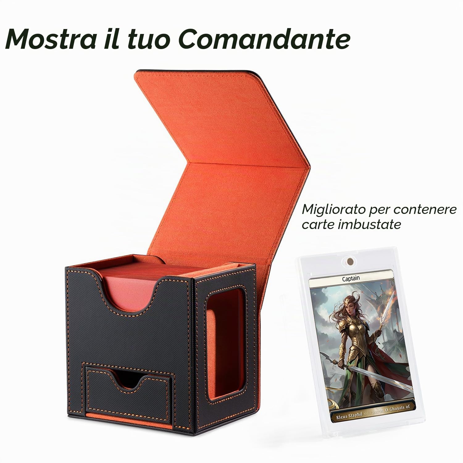 Mage Tech Commander Deck Box per MTG - Design Brevettato, Vetrina Commander, Adatta a 100 Carte Double-Sleeve, Porta Carte Magnetico da 35pt & Vassoio per Dadi - Grigio Scuro/Arancione