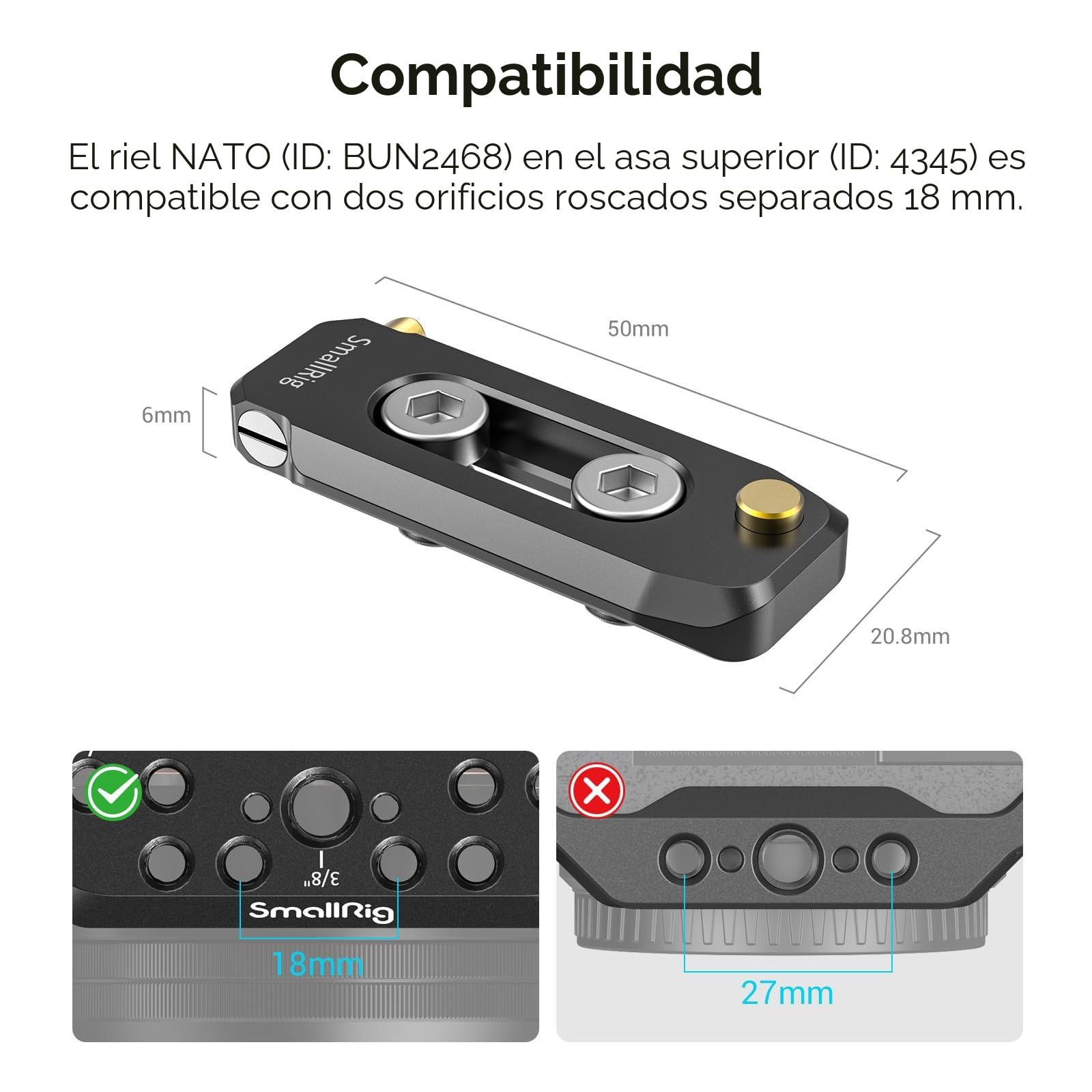 SMALLRIG NATO Top Handle Ligero , Mango NATO de Liberación Rápida con NATO Rail para Jaula de Cámara DSLR, Top Handle Universal con 5 Adaptadores de Zapata - 4345