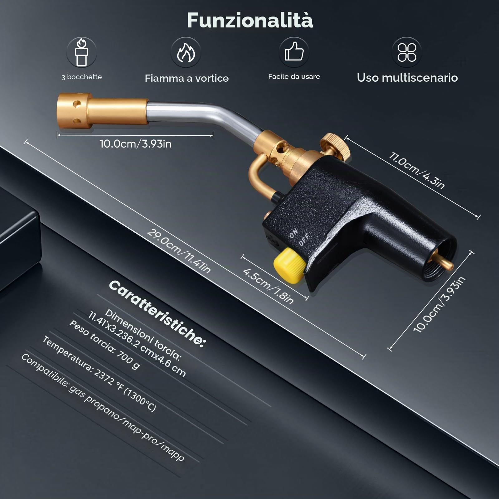 GJ-8000 - Kit torcia a propano ad alta intensità MAPP con accensione automatica e pulsante in ottone Torcia di saldatura con 3 ugelli per collegamento filettato MAPP CGA600